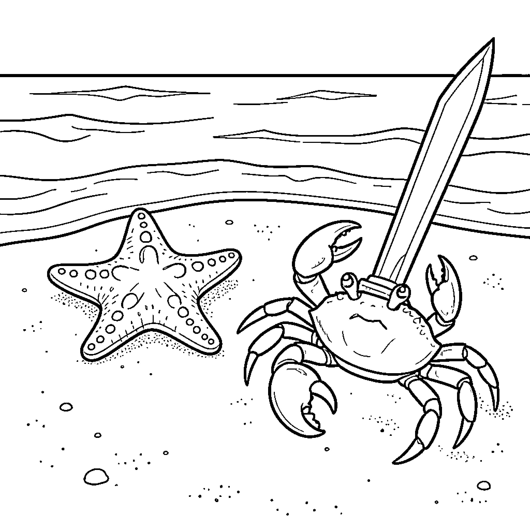 Seastar and a crab on the sandy beach Coloring Page (free black-and-white line drawing printable PDF for all, from beginners to advanced learners, including children, teens, adults, and seniors)