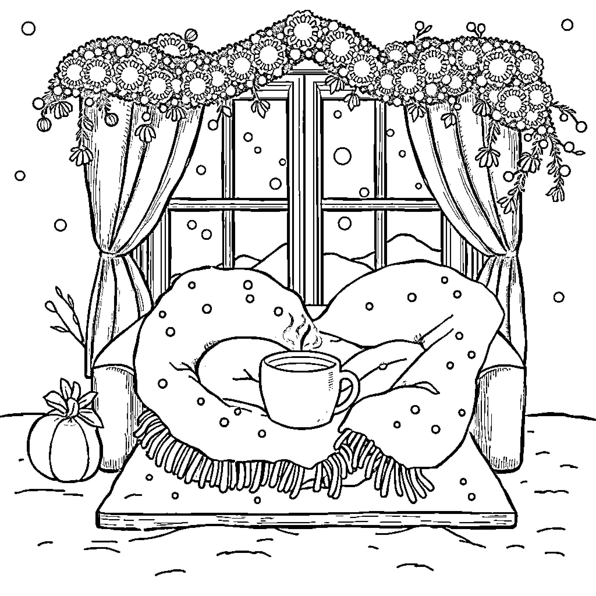 Book of Cozy Winter Nap Scene Coloring Page (free black-and-white line drawing printable PDF for all, from beginners to advanced learners, including children, teens, adults, and seniors)