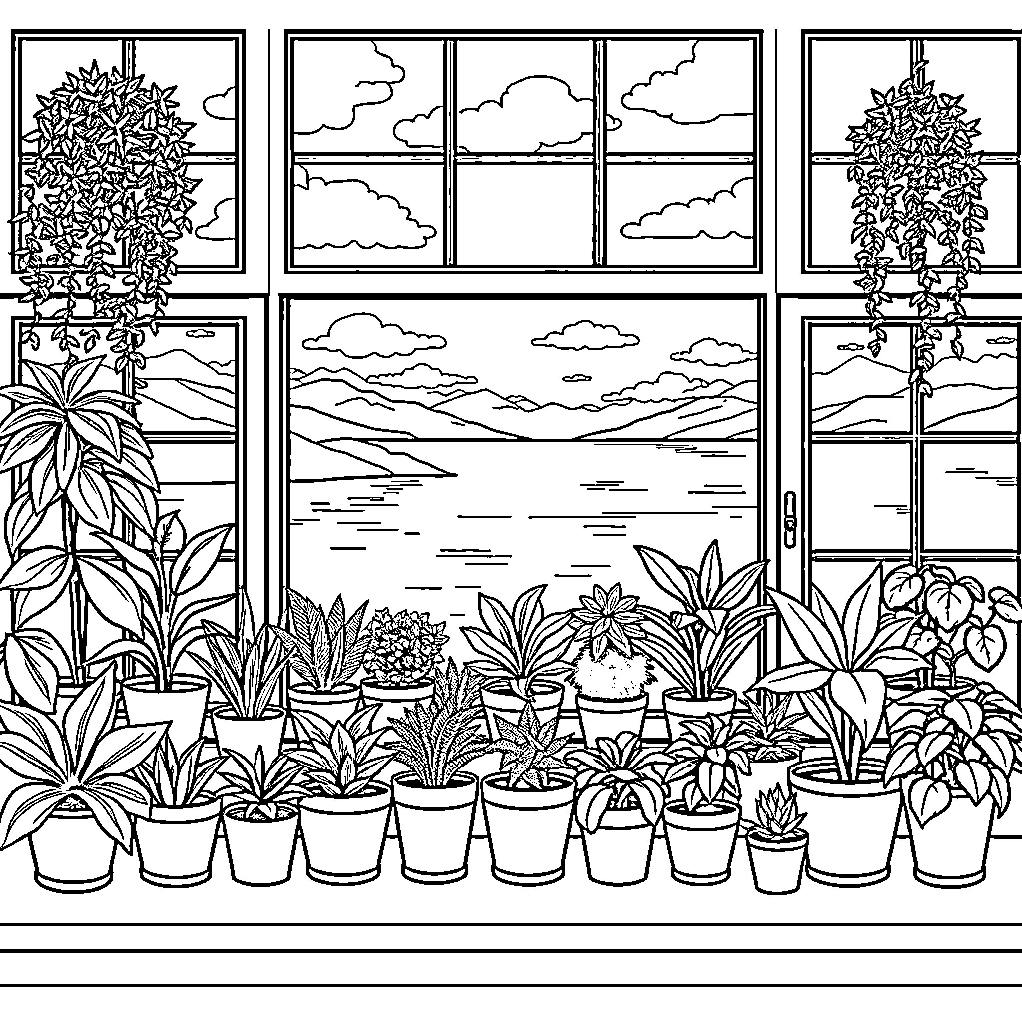 Houseplant Sanctuary: A Cozy Indoor Garden Scene Coloring Page (free black-and-white line drawing printable PDF for all, from beginners to advanced learners, including children, teens, adults, and seniors)