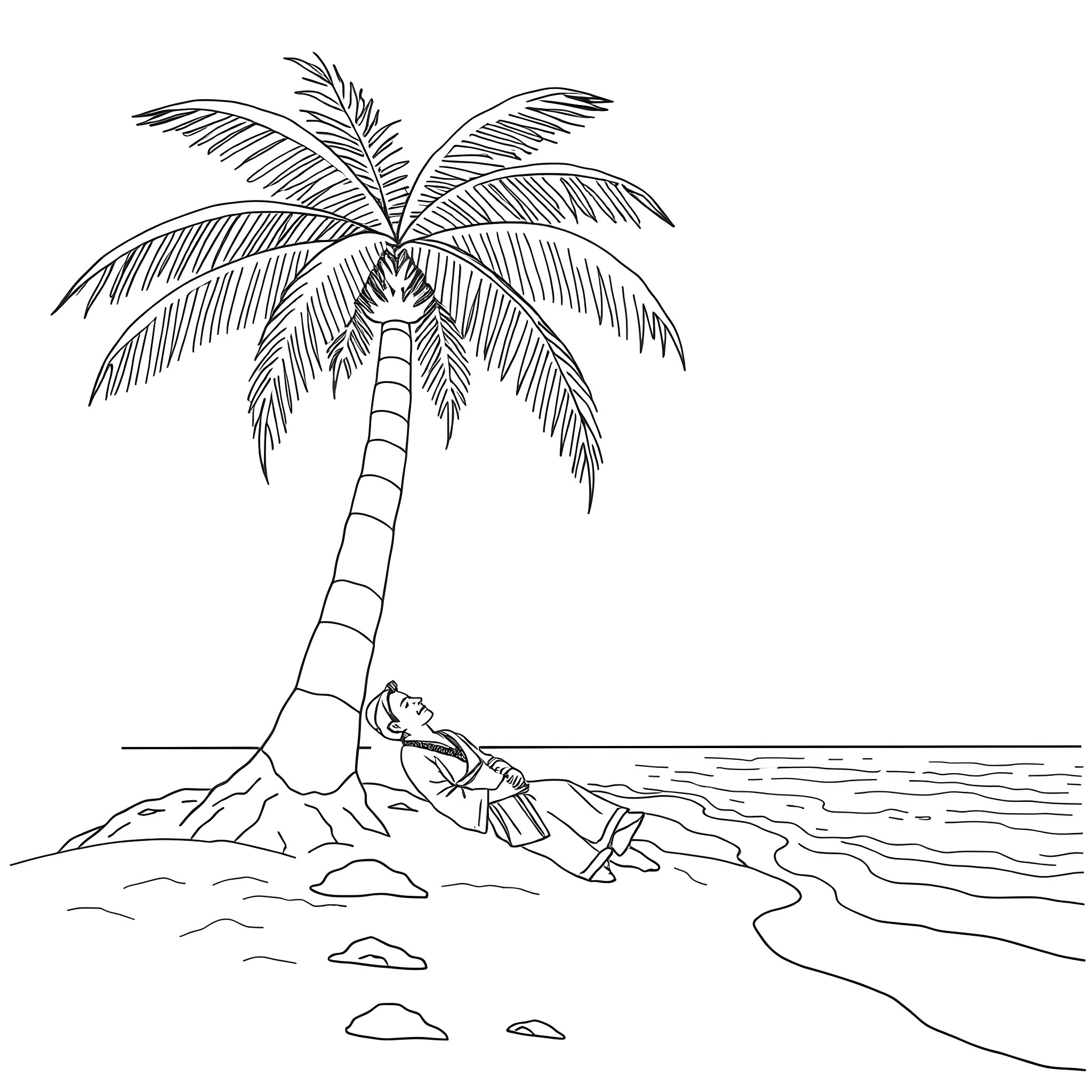 Mexican person relaxing under a palm tree on the beach Coloring Page (free black-and-white line drawing printable PDF for all, from beginners to advanced learners, including children, teens, adults, and seniors)
