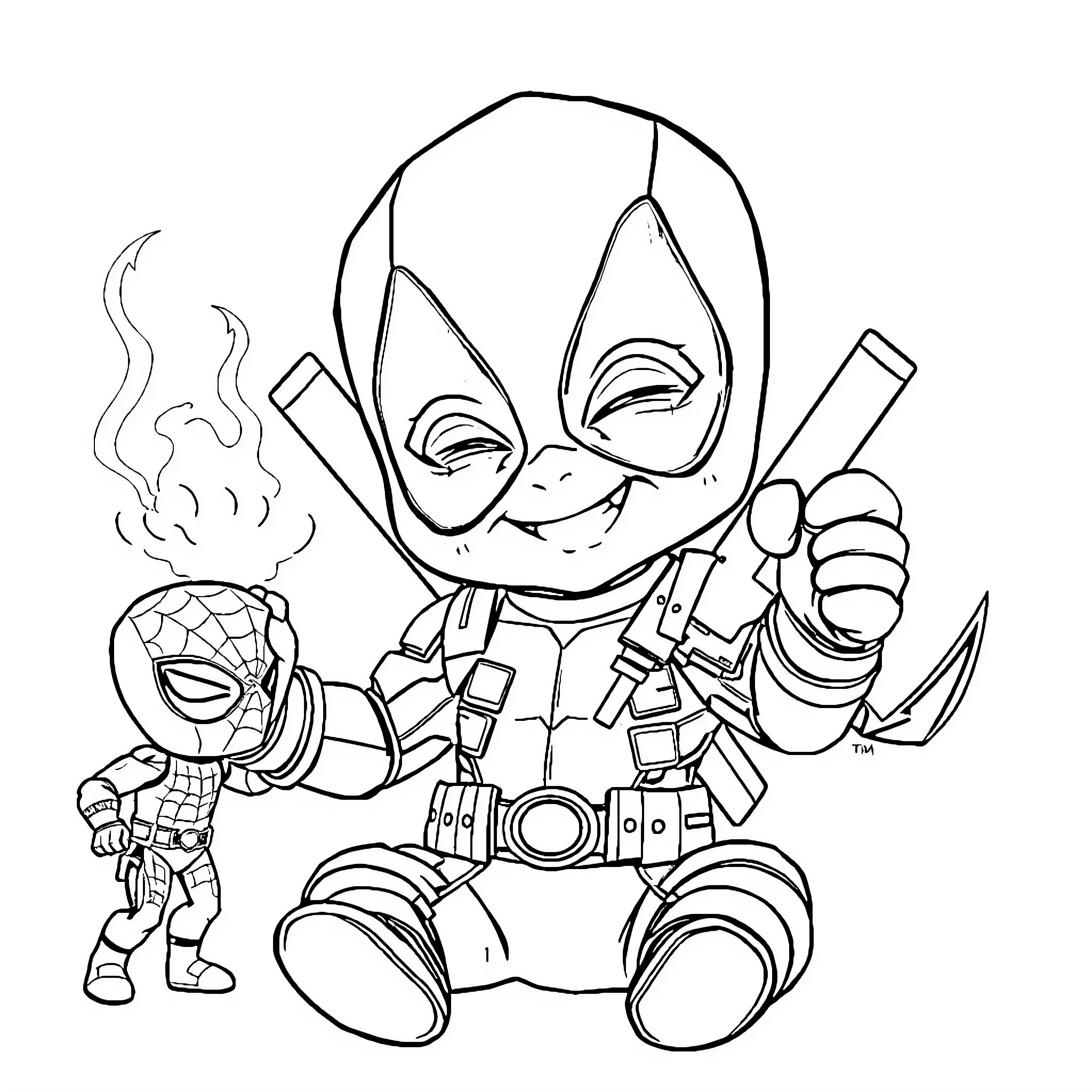 Deadpool striking heroic poses with Spider-Man Coloring Page (free black-and-white line drawing printable PDF for all, from beginners to advanced learners, including children, teens, adults, and seniors)