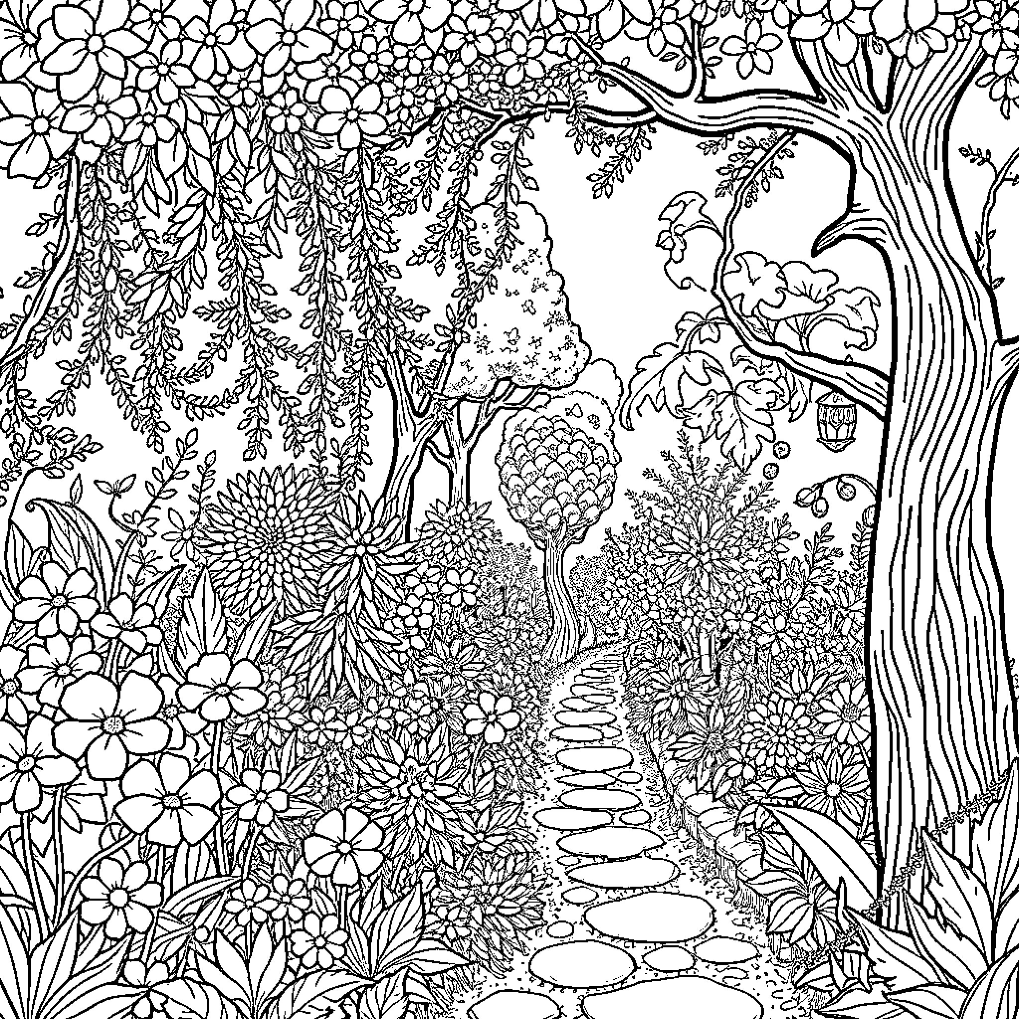 Garden path surrounded by blooming flowers and plants Coloring Page (free black-and-white line drawing printable PDF for all, from beginners to advanced learners, including children, teens, adults, and seniors)