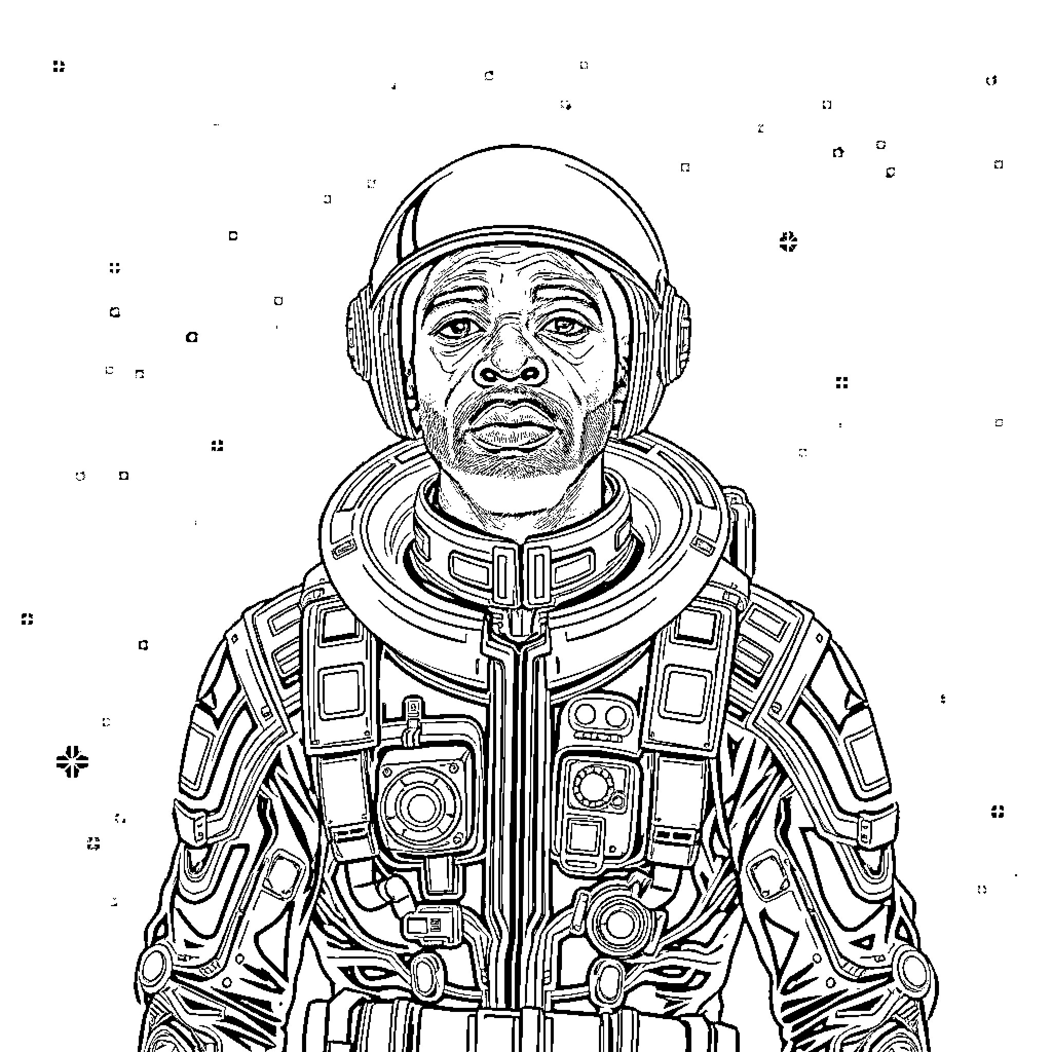 Space Explorer in Futuristic Spacesuit Coloring Page (free black-and-white line drawing printable PDF for all, from beginners to advanced learners, including children, teens, adults, and seniors)