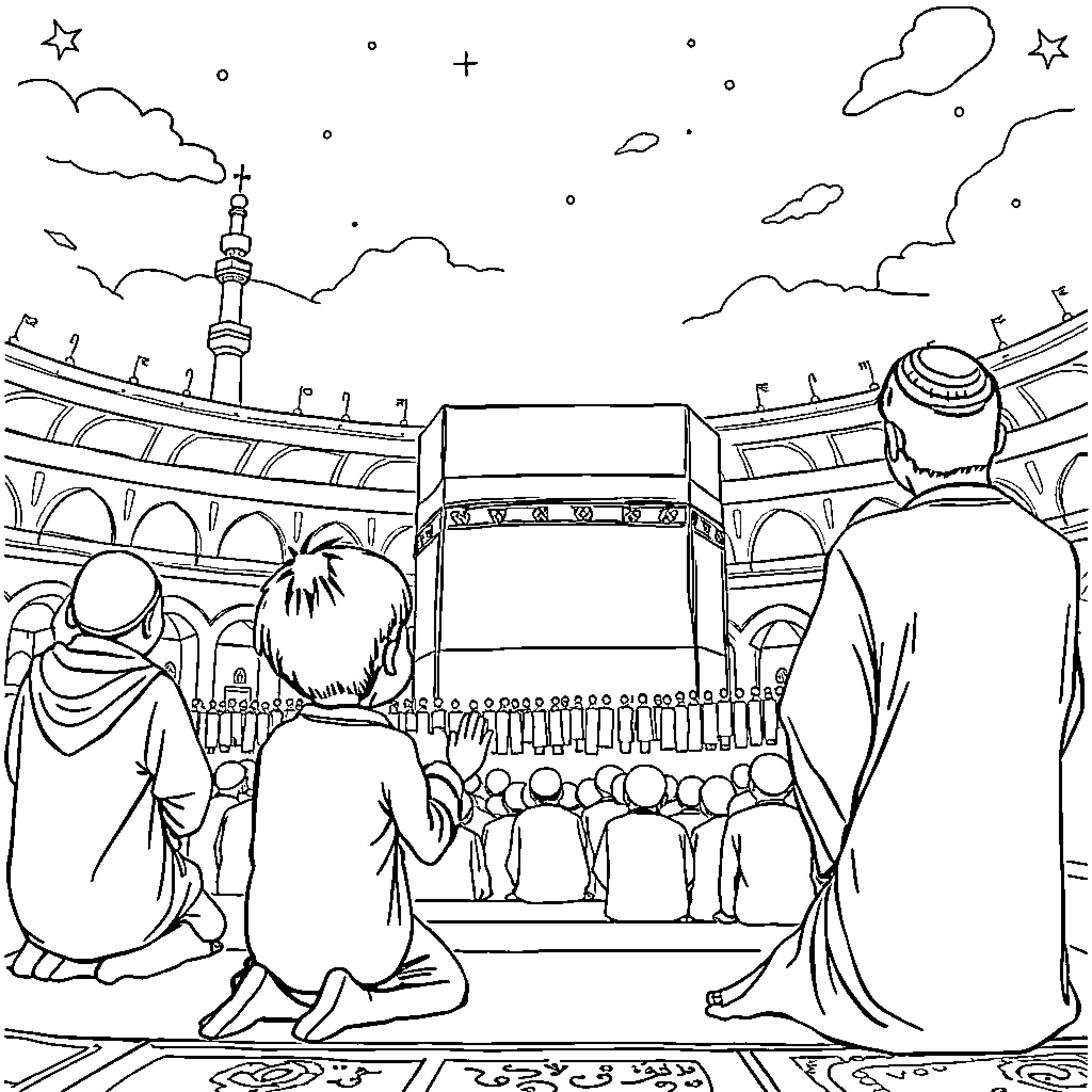 Child prays at holy site with family Coloring Page (free black-and-white line drawing printable PDF for all, from beginners to advanced learners, including children, teens, adults, and seniors)