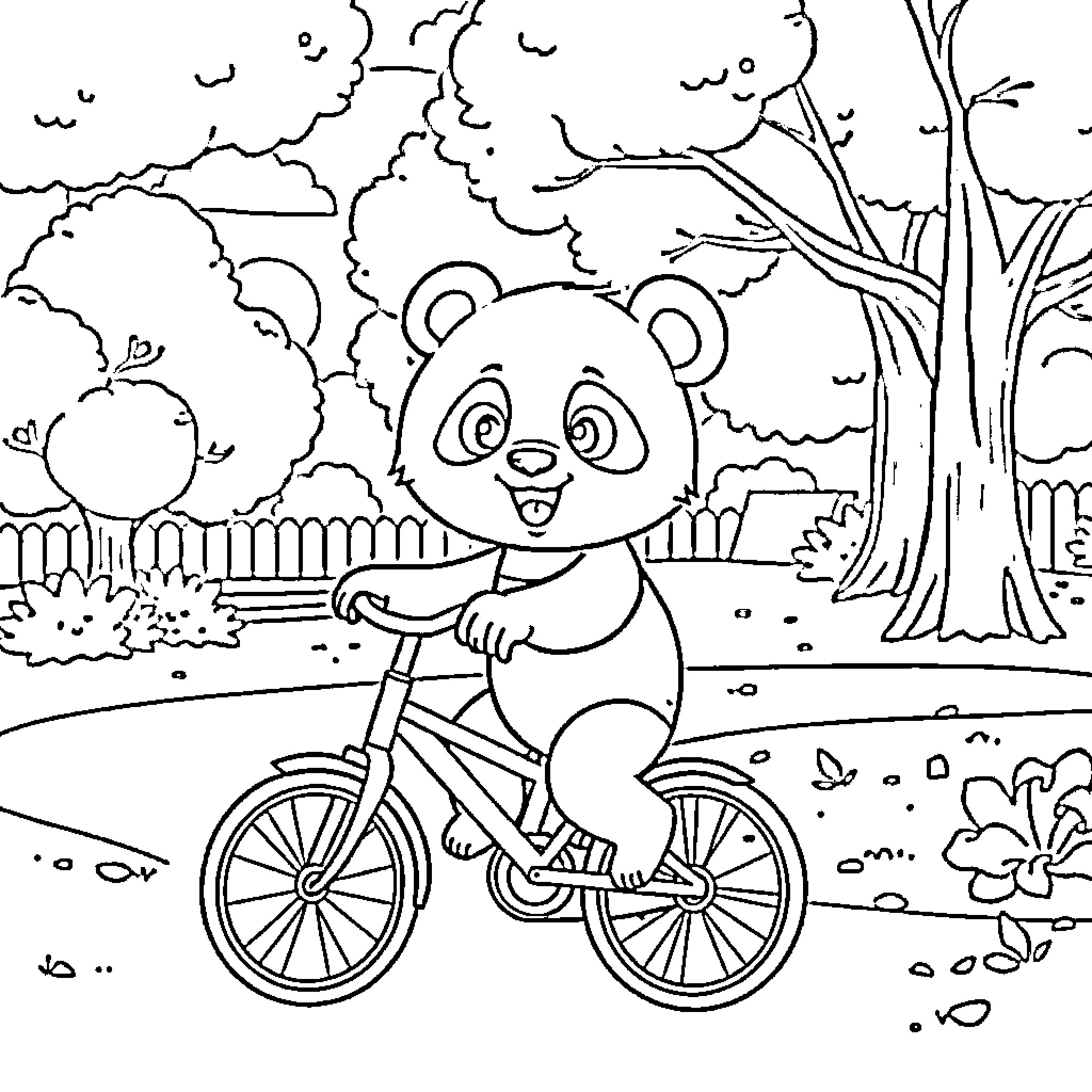 Panda riding a bicycle in the park Coloring Page (free black-and-white line drawing printable PDF for all, from beginners to advanced learners, including children, teens, adults, and seniors)