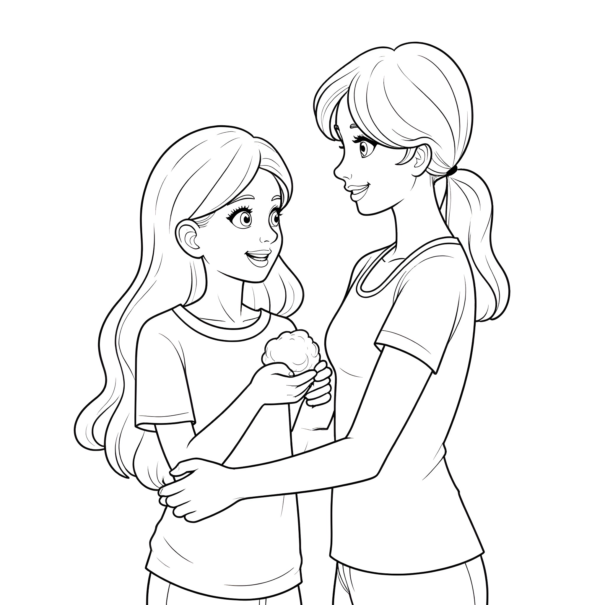 Mother and Daughter Sharing a Moment Coloring Page (free black-and-white line drawing printable PDF for all, from beginners to advanced learners, including children, teens, adults, and seniors)