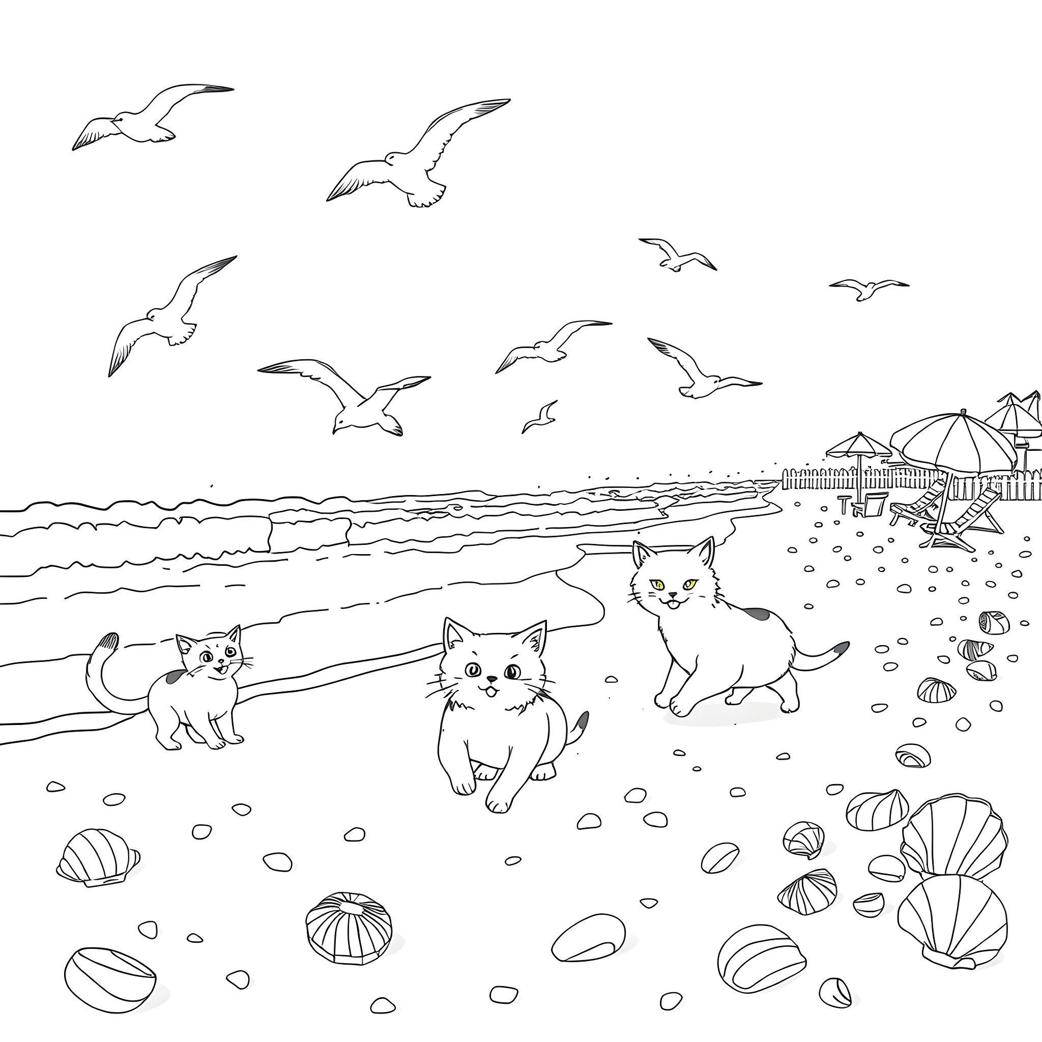 Cats at the Beach with Seagulls Coloring Page (free black-and-white line drawing printable PDF for all, from beginners to advanced learners, including children, teens, adults, and seniors)