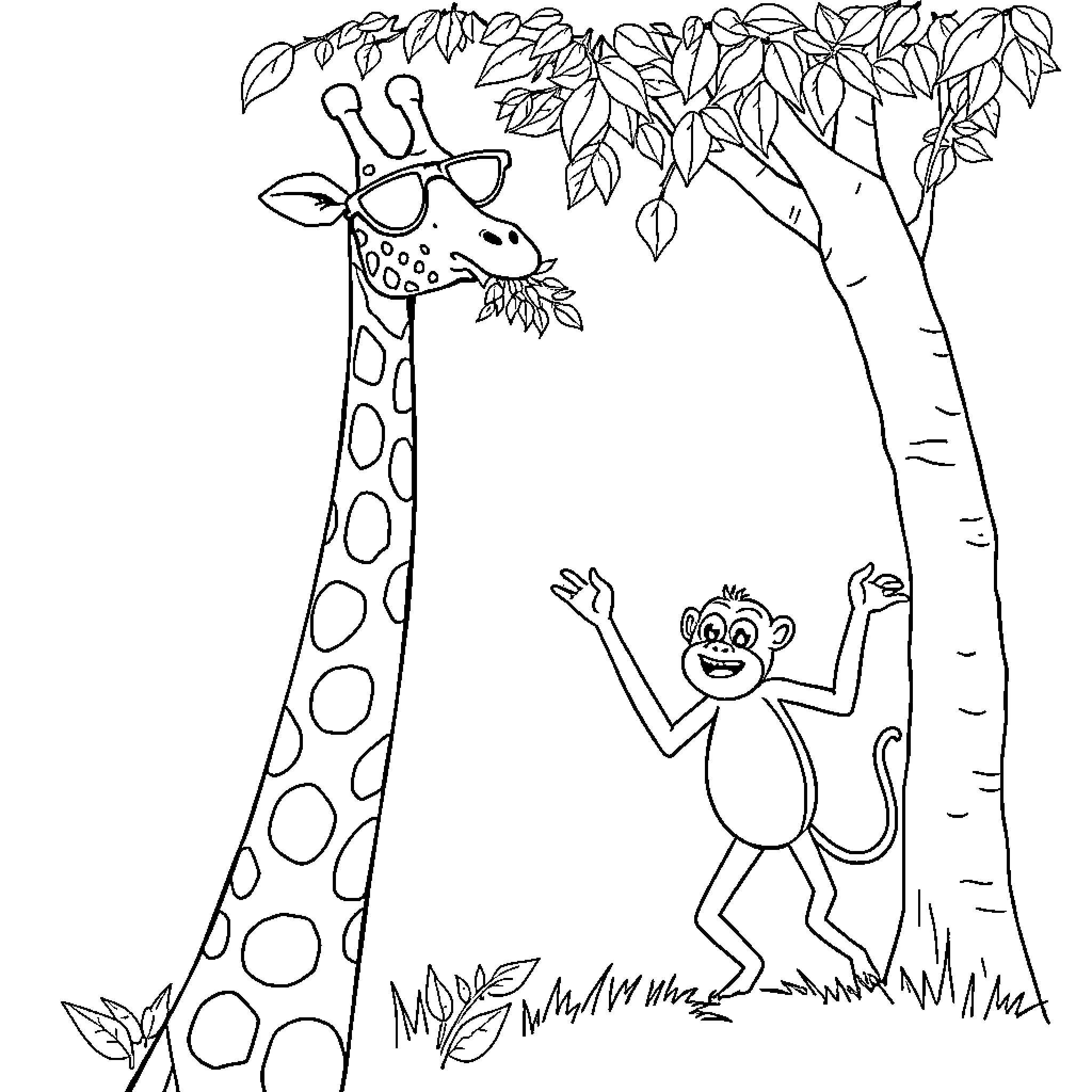 Giraffe and Monkey in Forest Scene Coloring Page (free black-and-white line drawing printable PDF for all, from beginners to advanced learners, including children, teens, adults, and seniors)