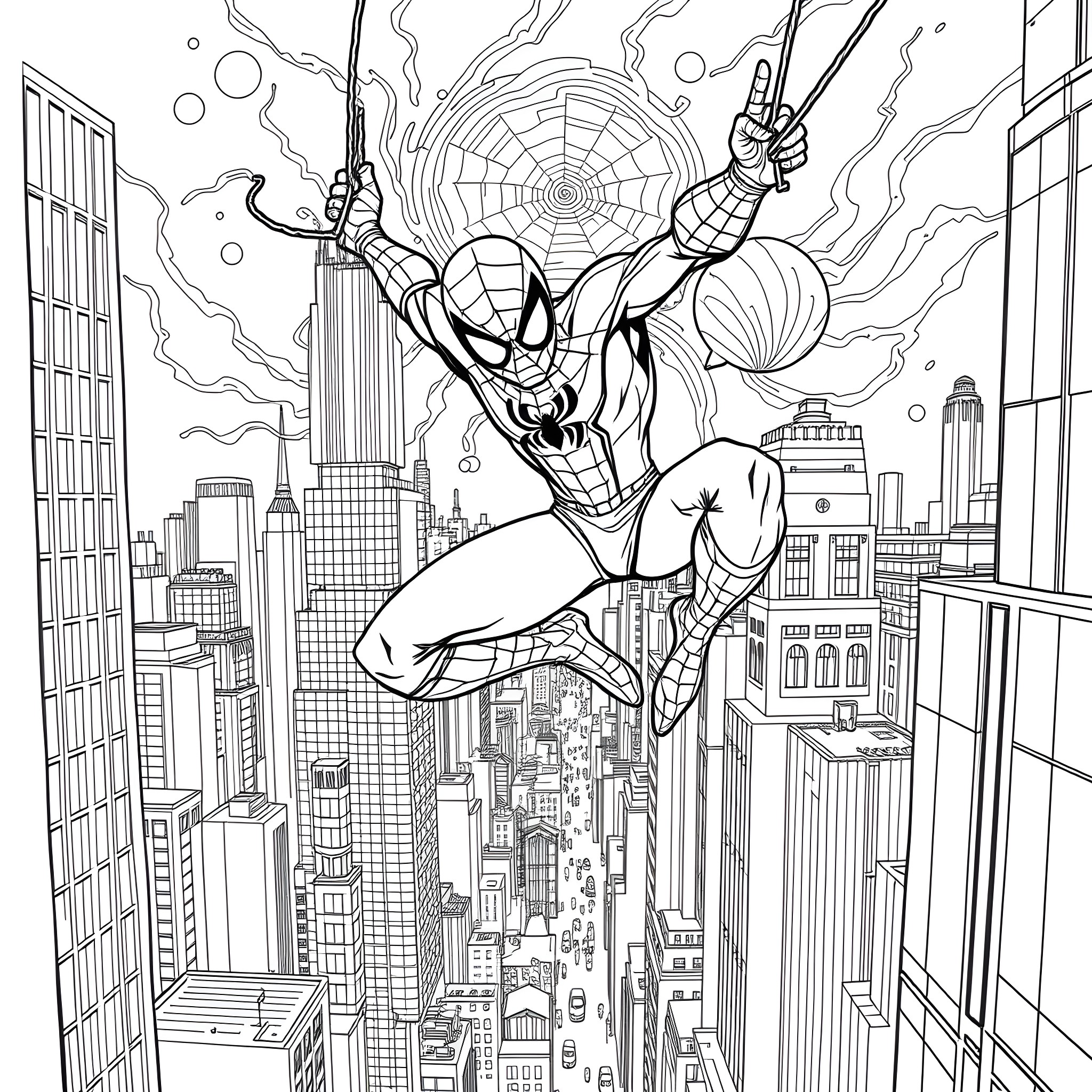 Spider-Man swinging through the city skyline Coloring Page (free black-and-white line drawing printable PDF for all, from beginners to advanced learners, including children, teens, adults, and seniors)