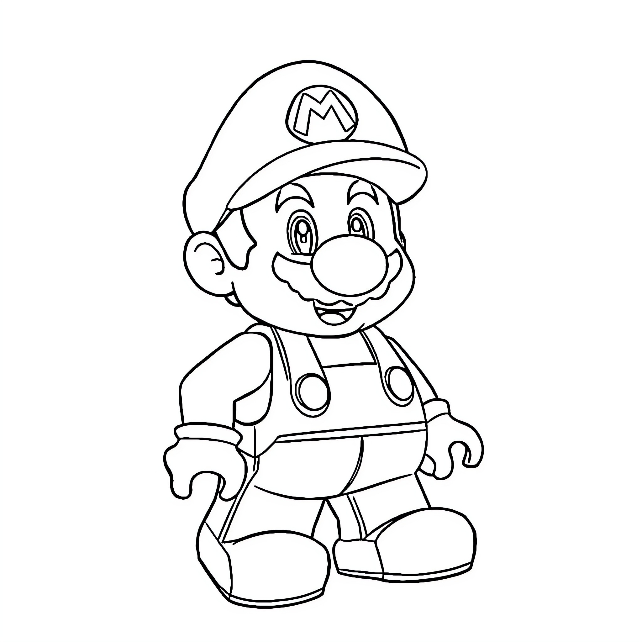 Super Mario in Cheerful Pose Coloring Page (free black-and-white line drawing printable PDF for all, from beginners to advanced learners, including children, teens, adults, and seniors)