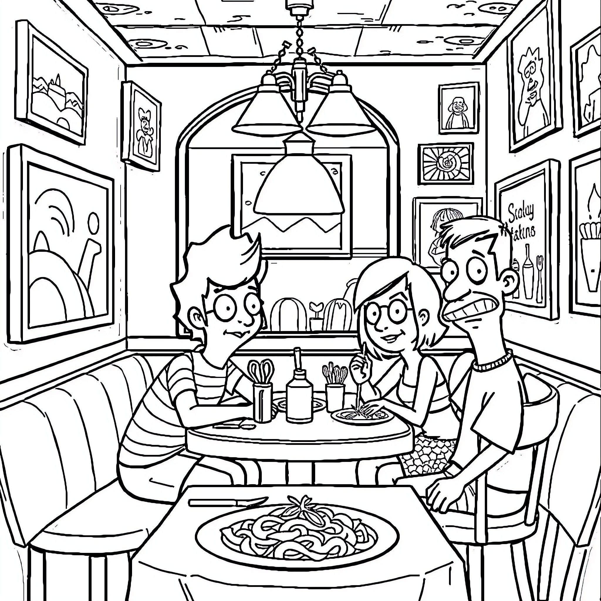 Bob's Burgers: Friends Sharing a Meal in Diner Coloring Page (free black-and-white line drawing printable PDF for all, from beginners to advanced learners, including children, teens, adults, and seniors)