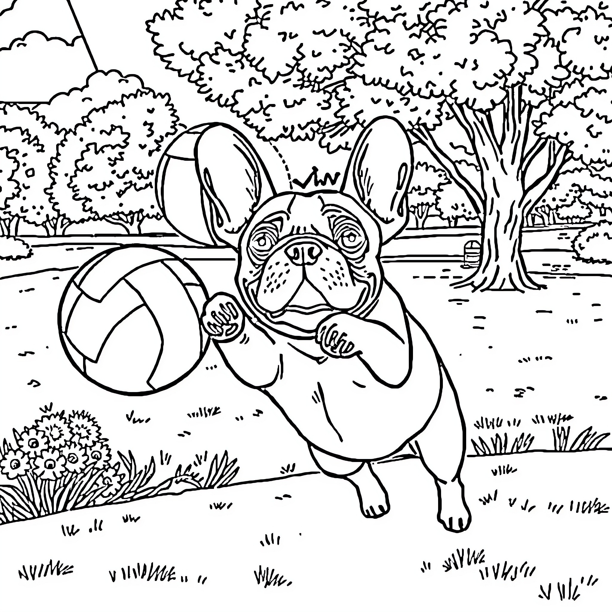 French Bulldog playing with a ball in the park Coloring Page (free black-and-white line drawing printable PDF for all, from beginners to advanced learners, including children, teens, adults, and seniors)