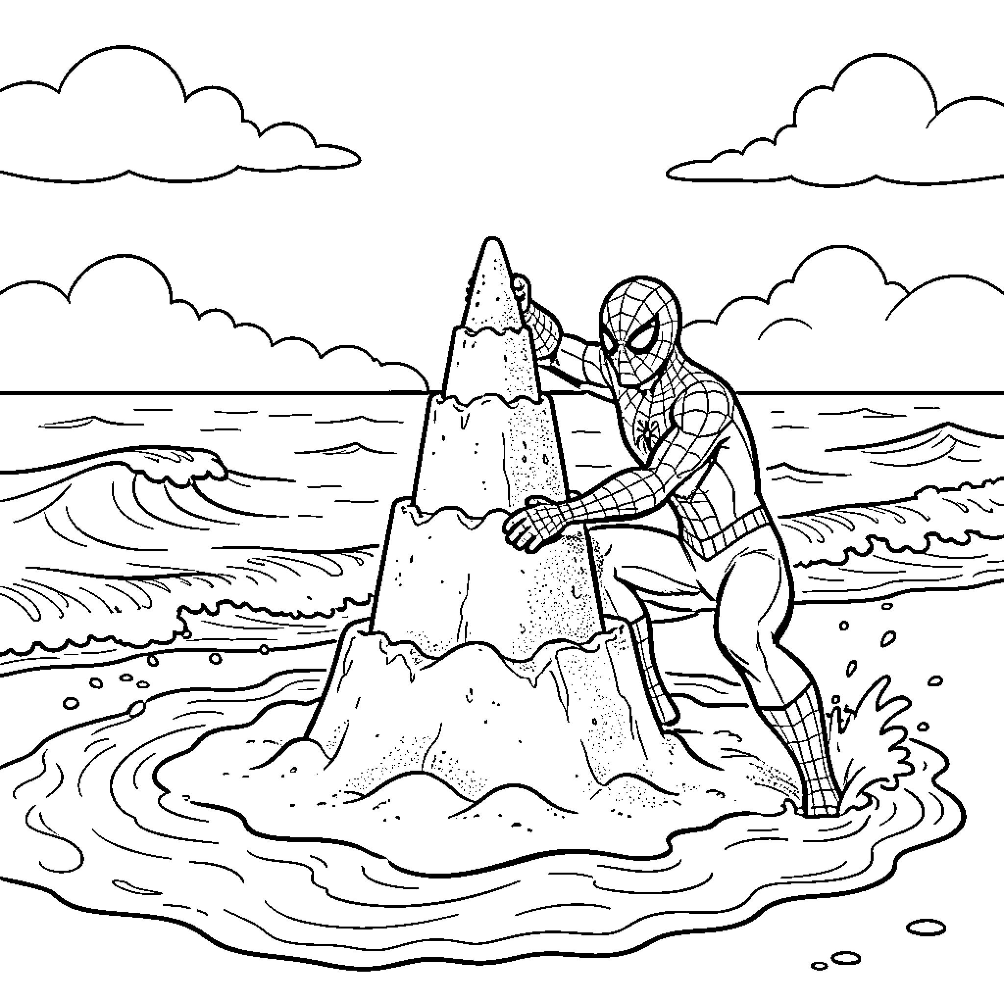 Spiderman building a large sandcastle on the beach Coloring Page (free black-and-white line drawing printable PDF for all, from beginners to advanced learners, including children, teens, adults, and seniors)