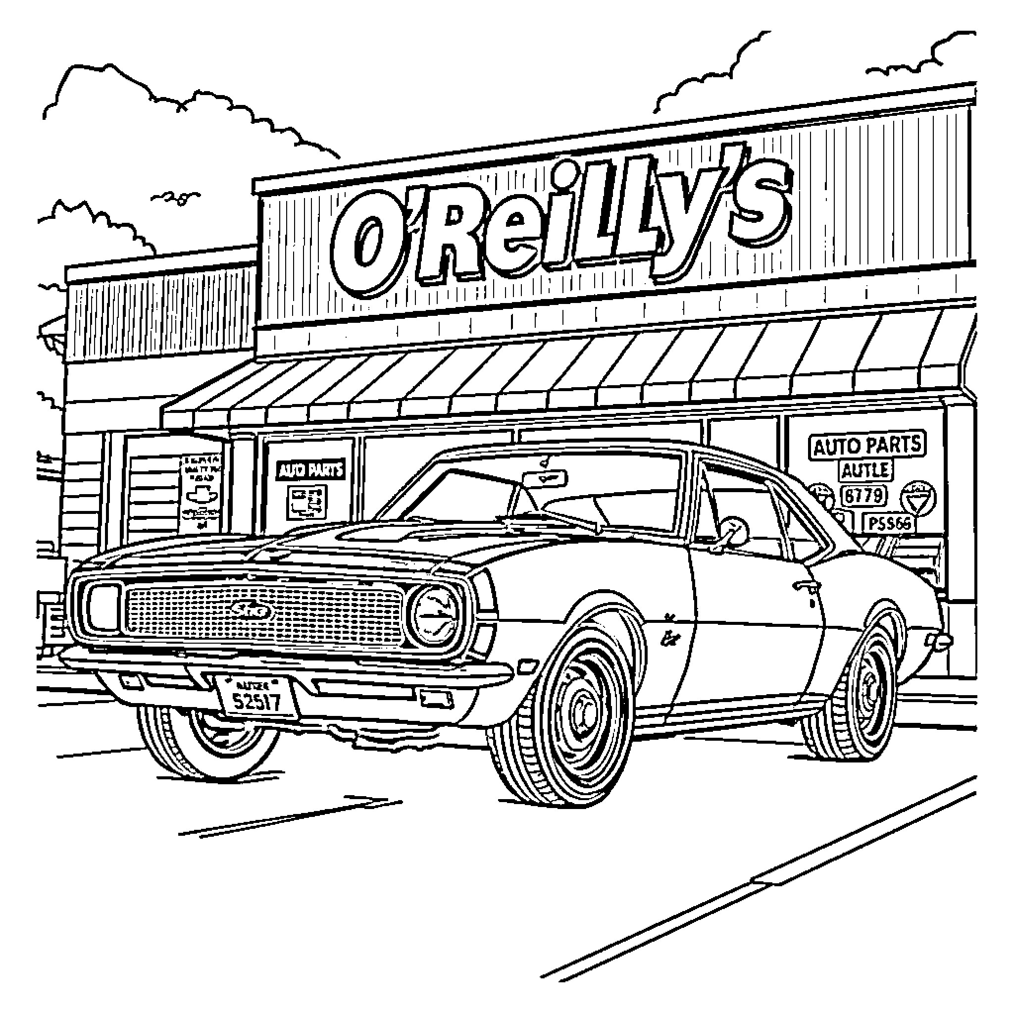 Camaro parked outside auto parts store Coloring Page (free black-and-white line drawing printable PDF for all, from beginners to advanced learners, including children, teens, adults, and seniors)