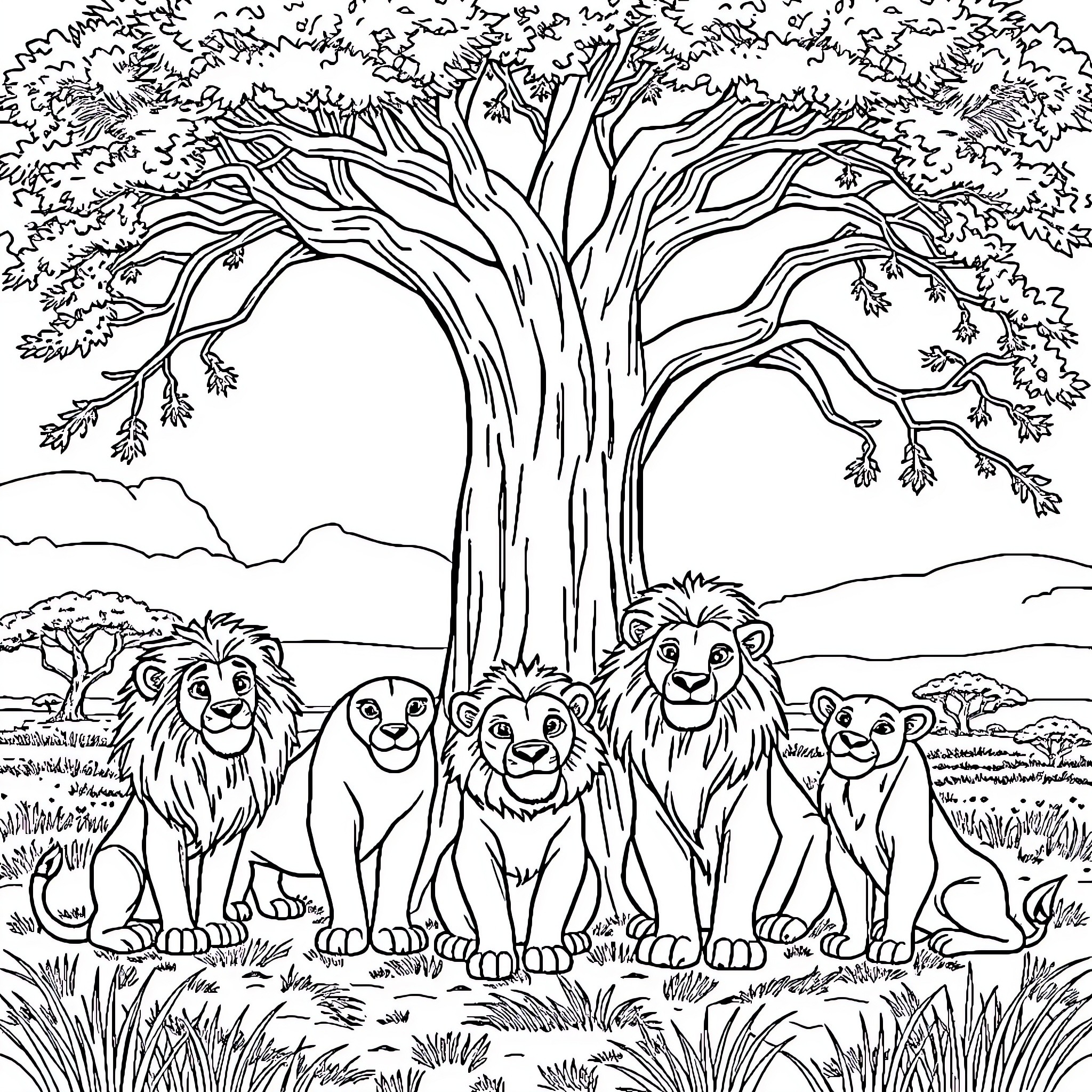 Lion Family Under Tree Coloring Page (free black-and-white line drawing printable PDF for all, from beginners to advanced learners, including children, teens, adults, and seniors)