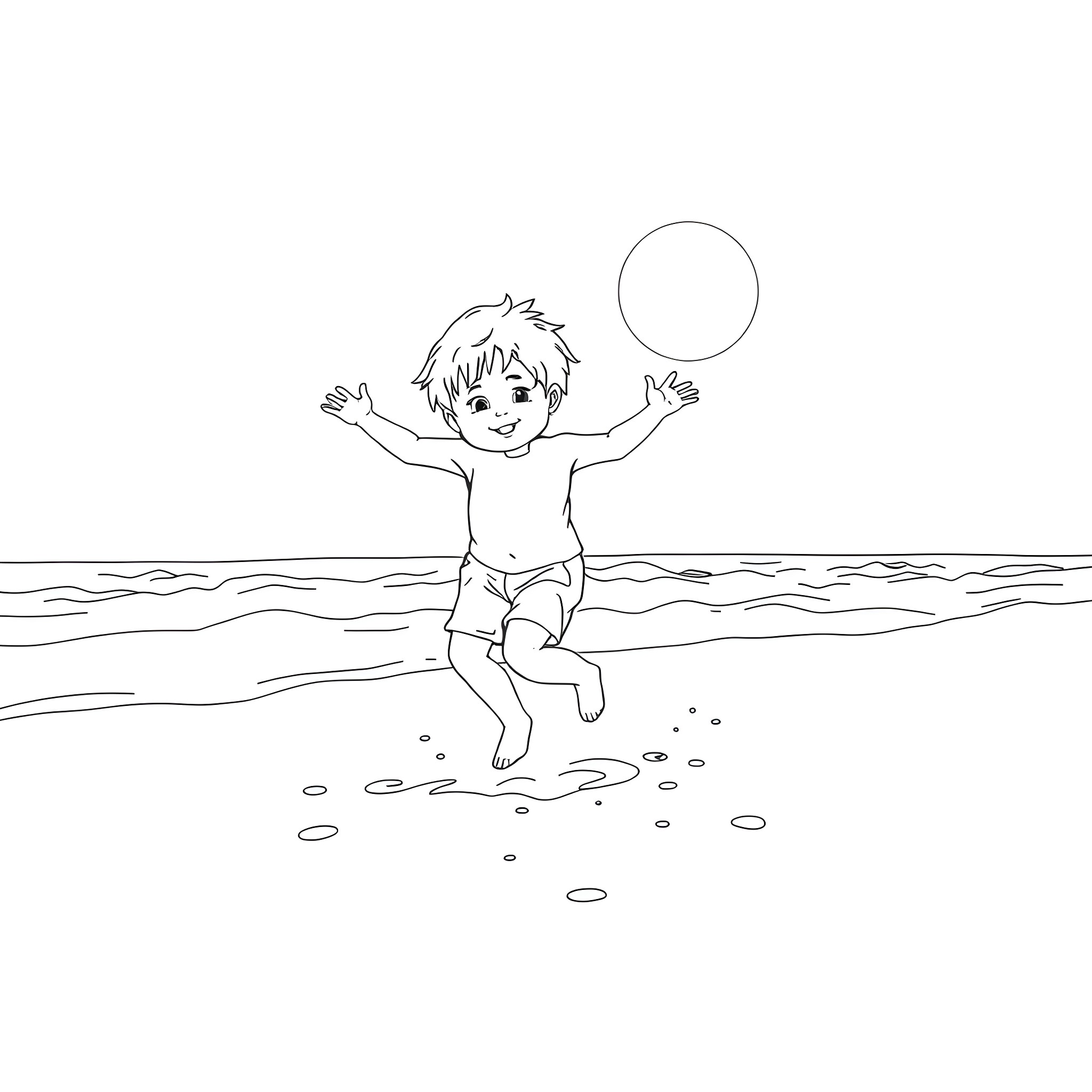 Kid joyfully playing in the ocean Coloring Page (free black-and-white line drawing printable PDF for all, from beginners to advanced learners, including children, teens, adults, and seniors)