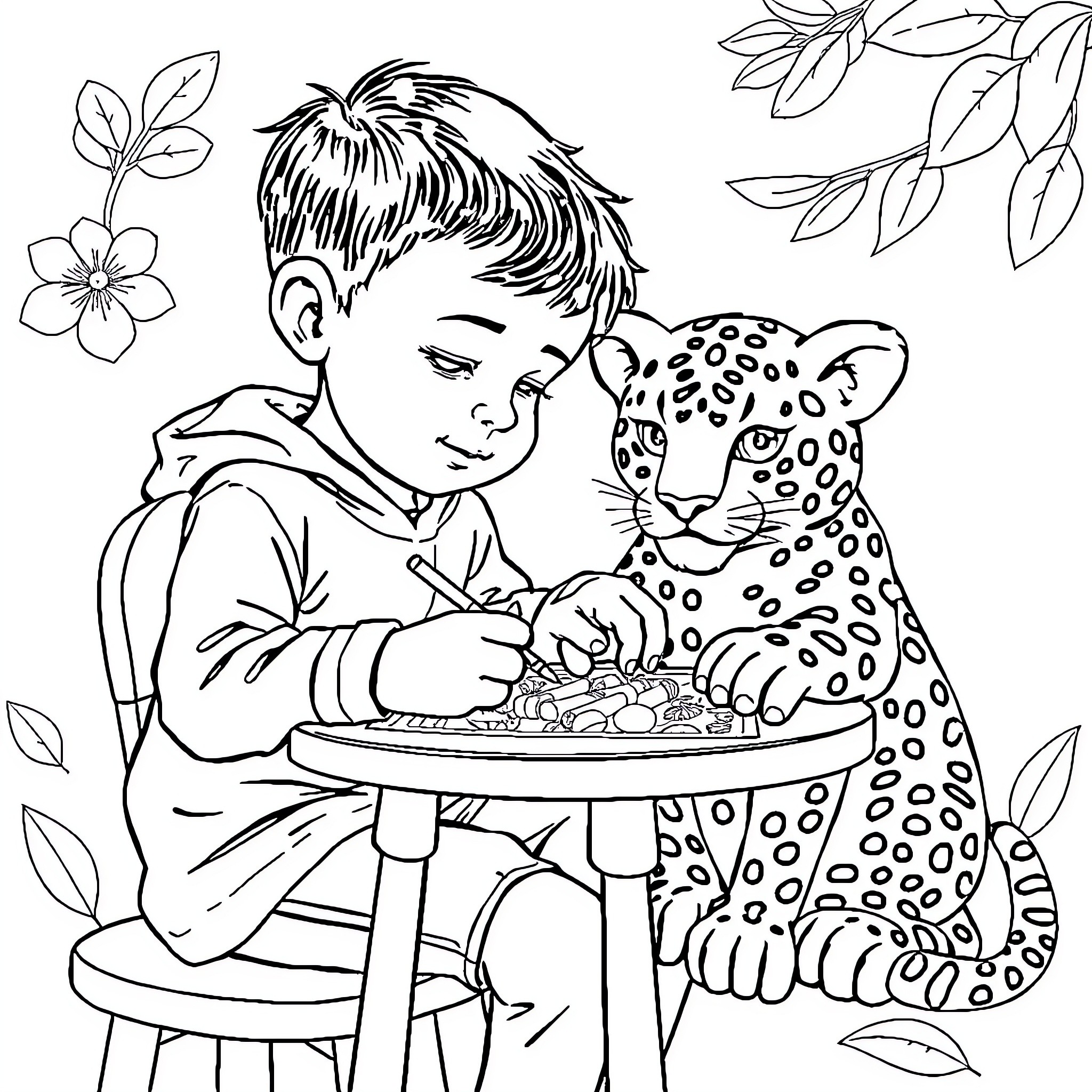 Jaguar Cub and Child Enjoying Meal Together Coloring Page (free black-and-white line drawing printable PDF for all, from beginners to advanced learners, including children, teens, adults, and seniors)