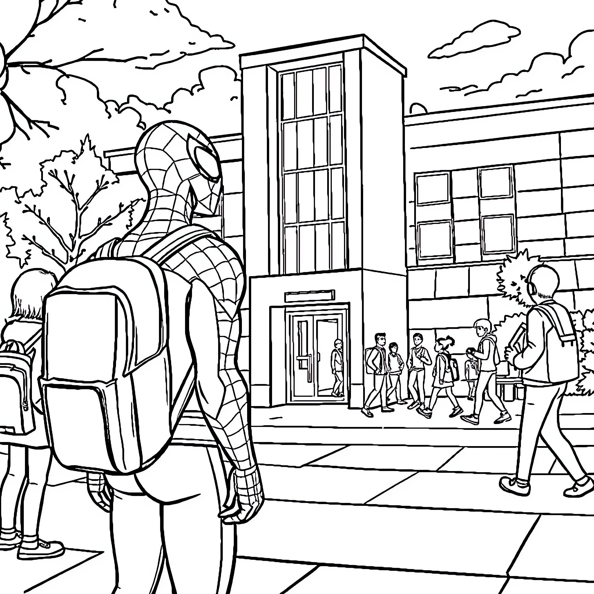 Spider-Man helps students on the way to school Coloring Page (free black-and-white line drawing printable PDF for all, from beginners to advanced learners, including children, teens, adults, and seniors)