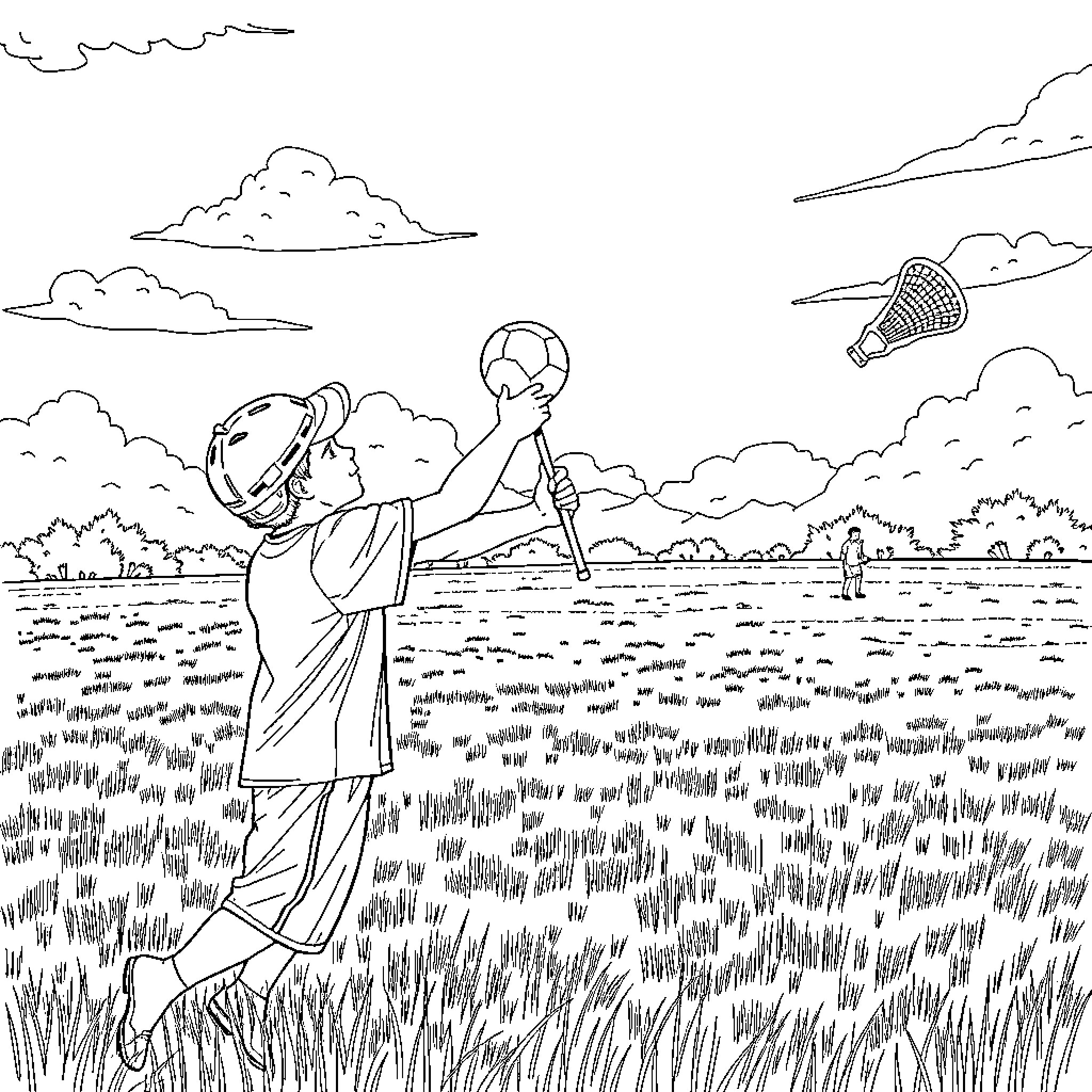 Lacrosse player practicing in a field Coloring Page (free black-and-white line drawing printable PDF for all, from beginners to advanced learners, including children, teens, adults, and seniors)
