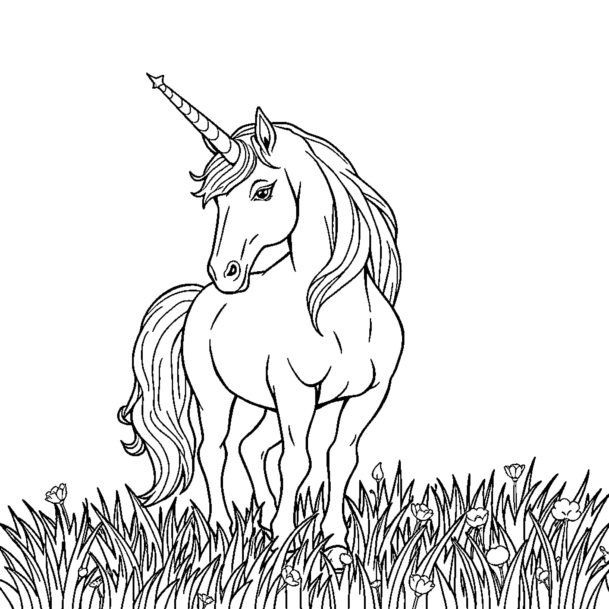 Unicorn standing gracefully in a field of flowers Coloring Page (free black-and-white line drawing printable PDF for all, from beginners to advanced learners, including children, teens, adults, and seniors)
