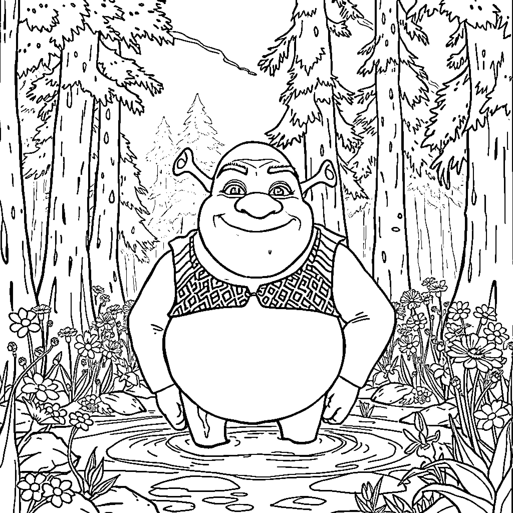 Shrek's Joyful Escapade in the Enchanted Forest Coloring Page (free black-and-white line drawing printable PDF for all, from beginners to advanced learners, including children, teens, adults, and seniors)