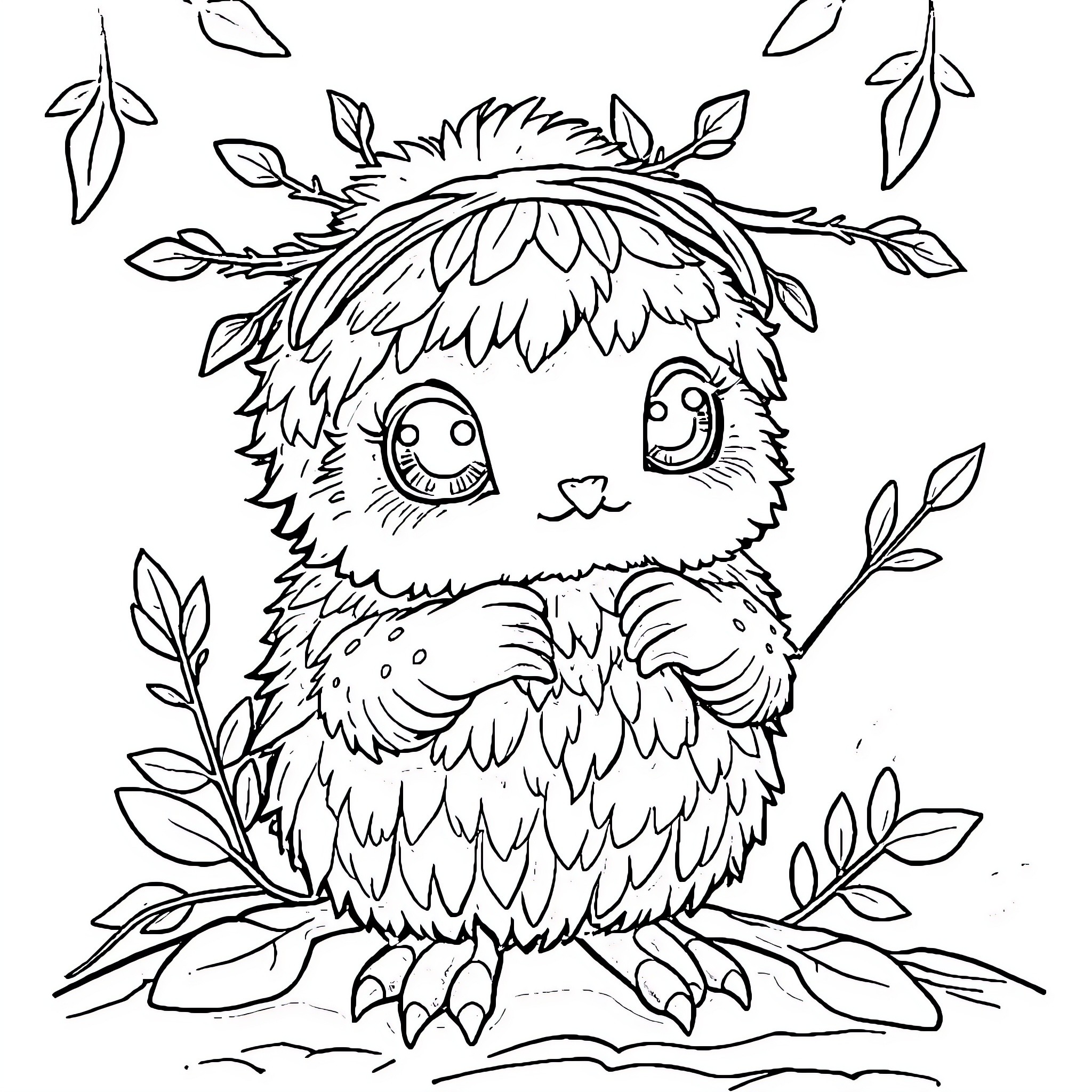 Whimwillow Watcher - Cute furry creature in nature Coloring Page (free black-and-white line drawing printable PDF for all, from beginners to advanced learners, including children, teens, adults, and seniors)
