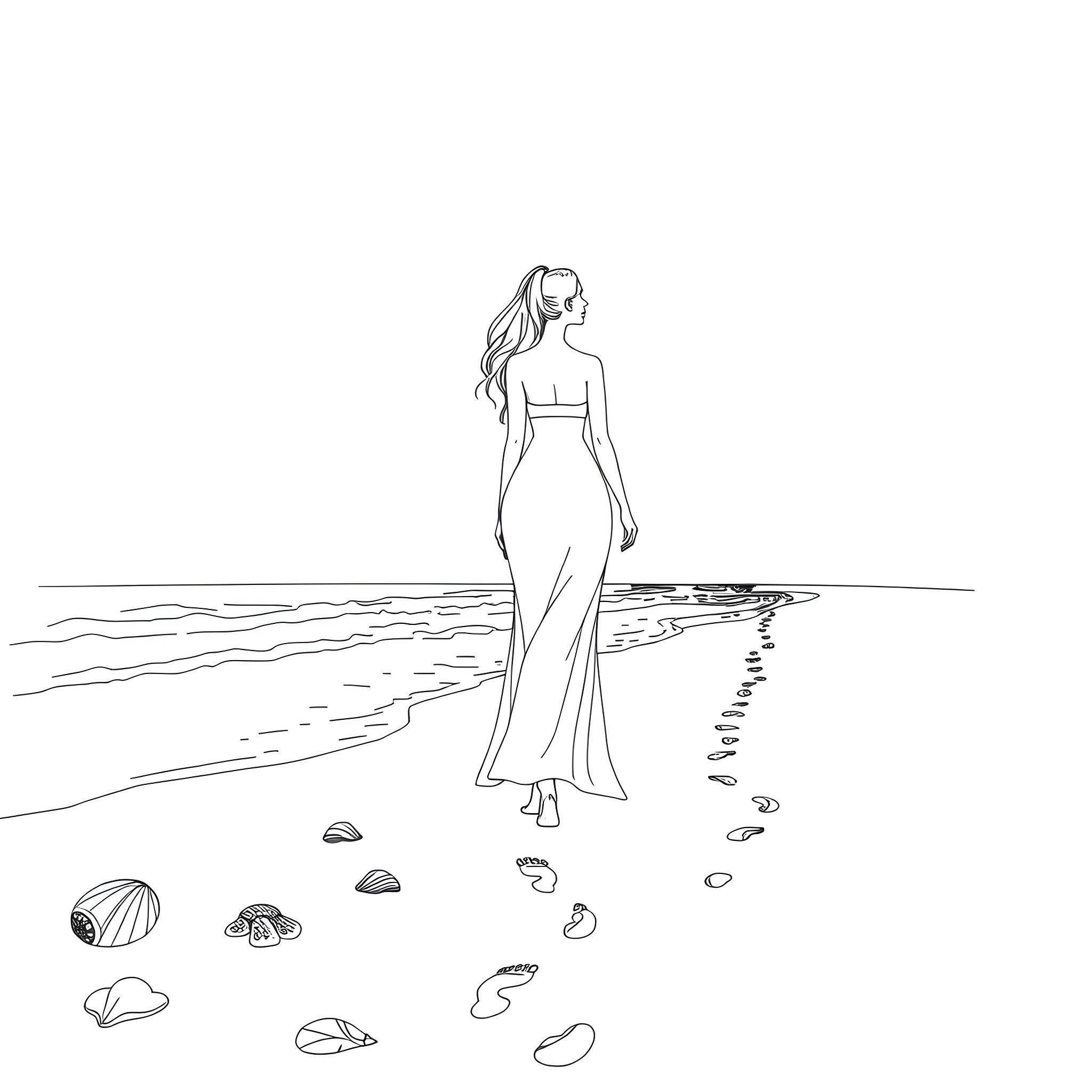 Girl walking alone on the beach Coloring Page (free black-and-white line drawing printable PDF for all, from beginners to advanced learners, including children, teens, adults, and seniors)
