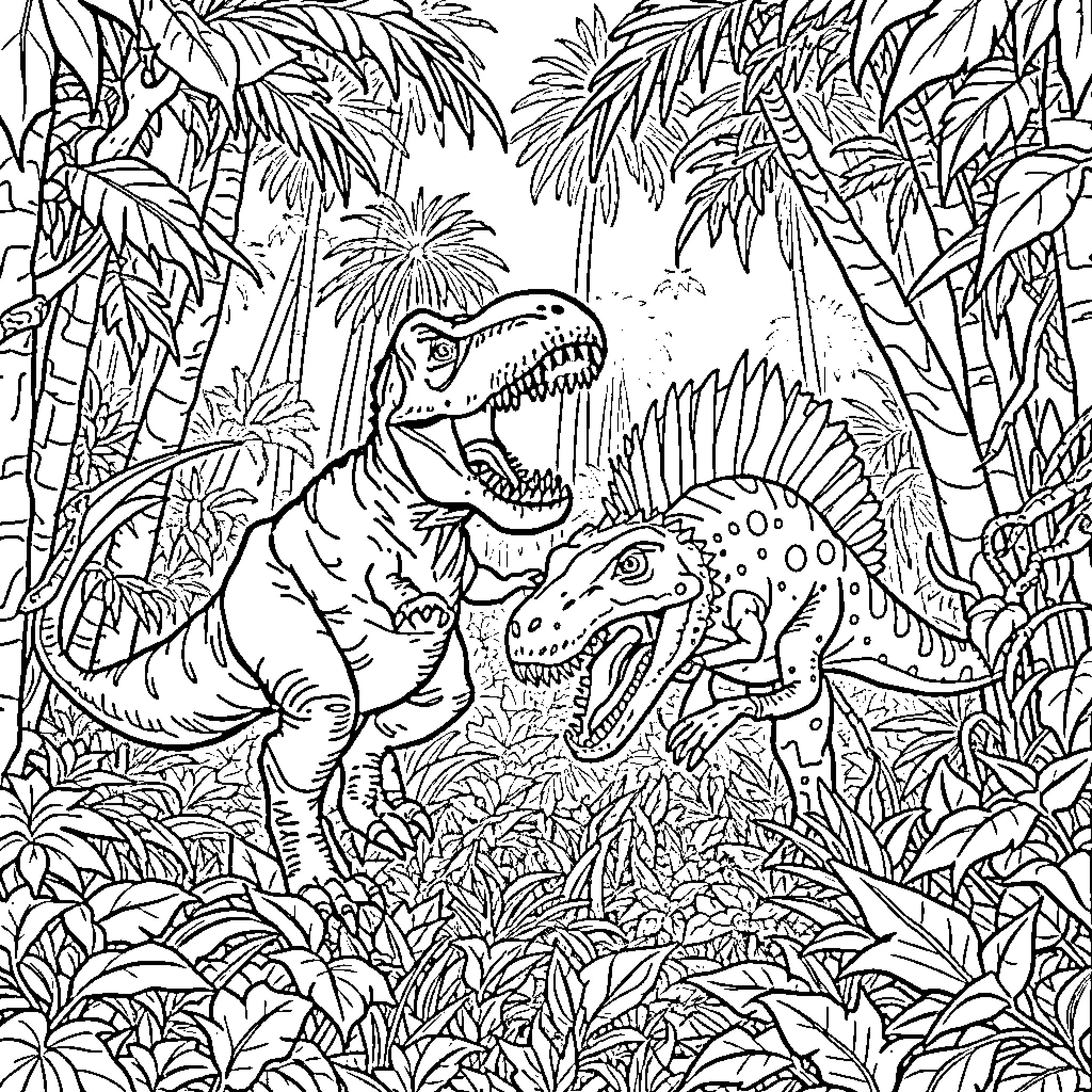 Tyrannosaurus Rex Battling with Prehistoric Creatures in Jungle Coloring Page (free black-and-white line drawing printable PDF for all, from beginners to advanced learners, including children, teens, adults, and seniors)