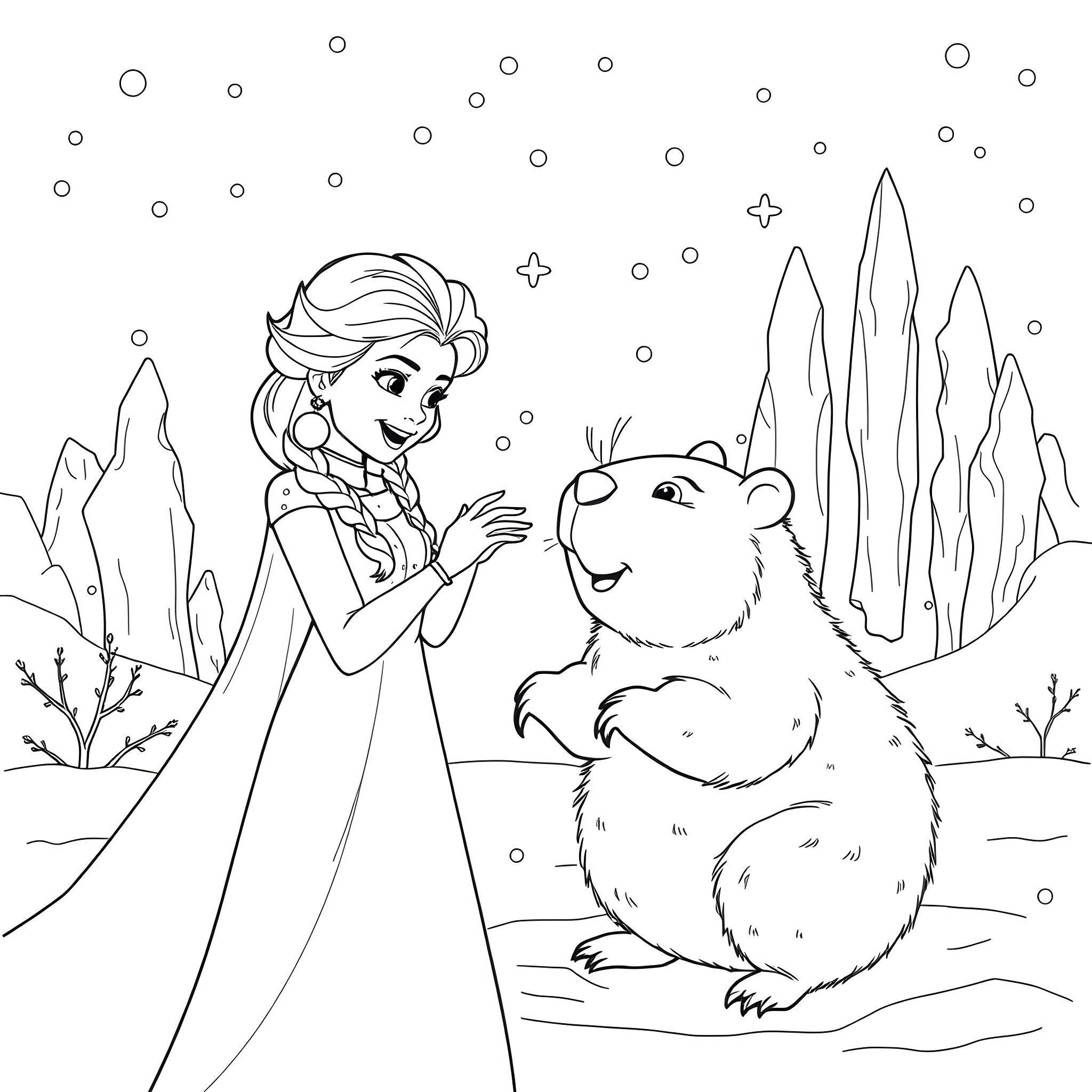 Elsa interacting with a friendly animal in a snowy landscape Coloring Page (free black-and-white line drawing printable PDF for all, from beginners to advanced learners, including children, teens, adults, and seniors)