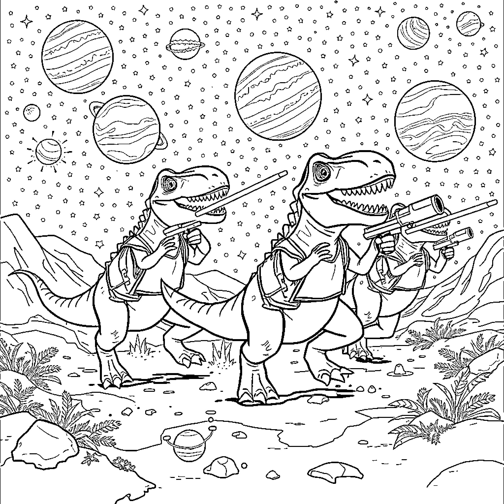 T-Rex Astronauts Exploring Alien Planets Coloring Page (free black-and-white line drawing printable PDF for all, from beginners to advanced learners, including children, teens, adults, and seniors)