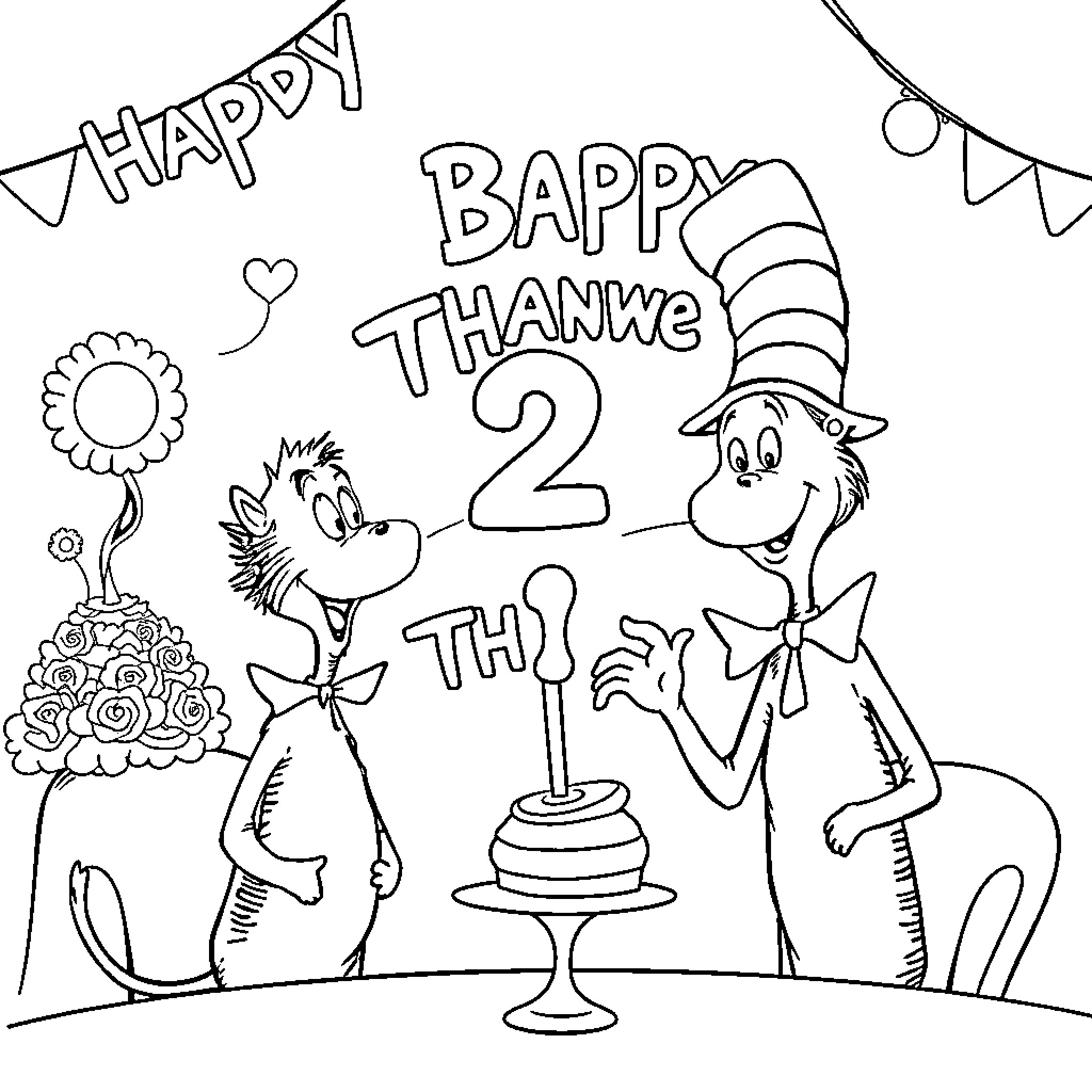 Dr. Seuss Characters Celebrate Birthday with Cake and Decorations Coloring Page (free black-and-white line drawing printable PDF for all, from beginners to advanced learners, including children, teens, adults, and seniors)