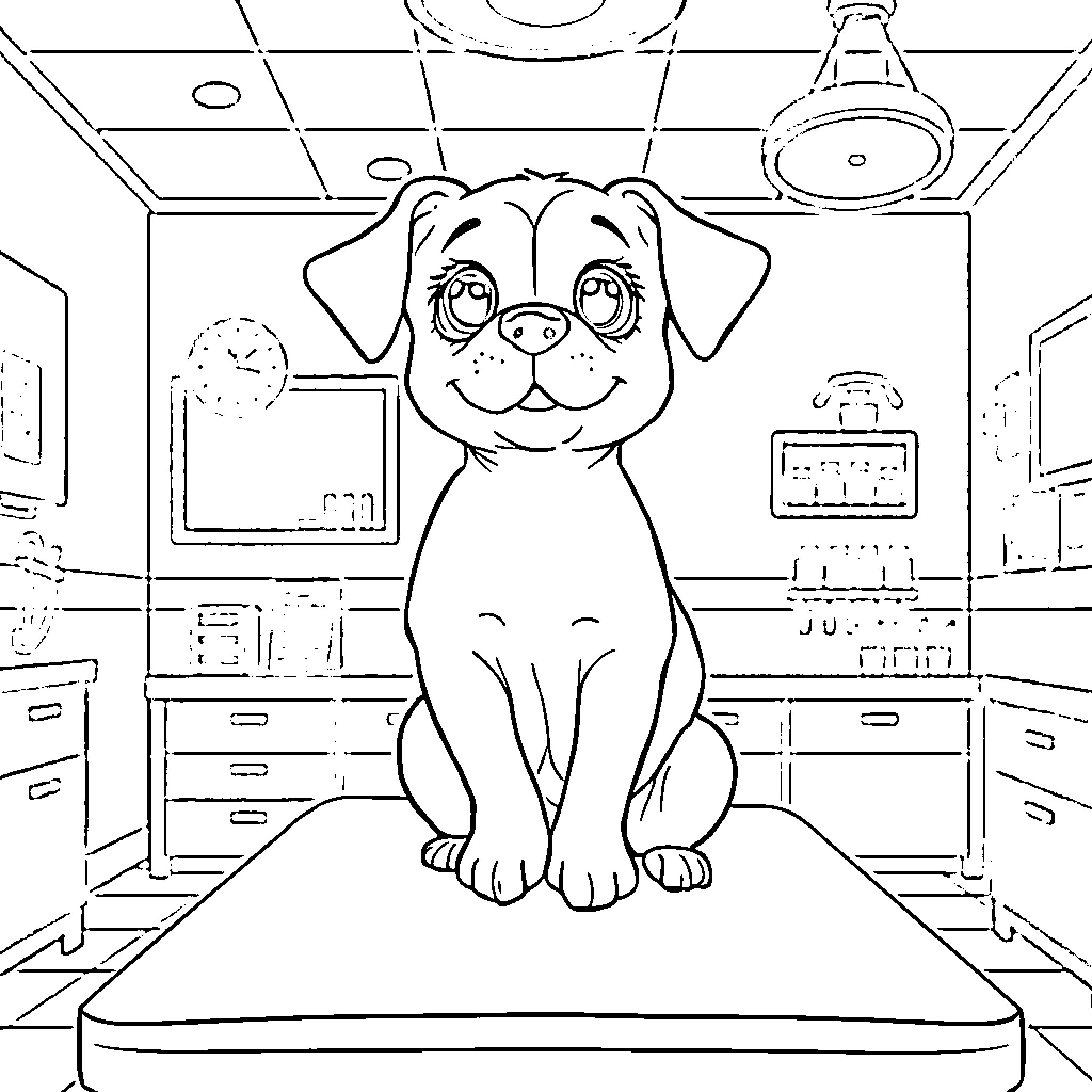 Dog sitting happily in a veterinary clinic Coloring Page (free black-and-white line drawing printable PDF for all, from beginners to advanced learners, including children, teens, adults, and seniors)