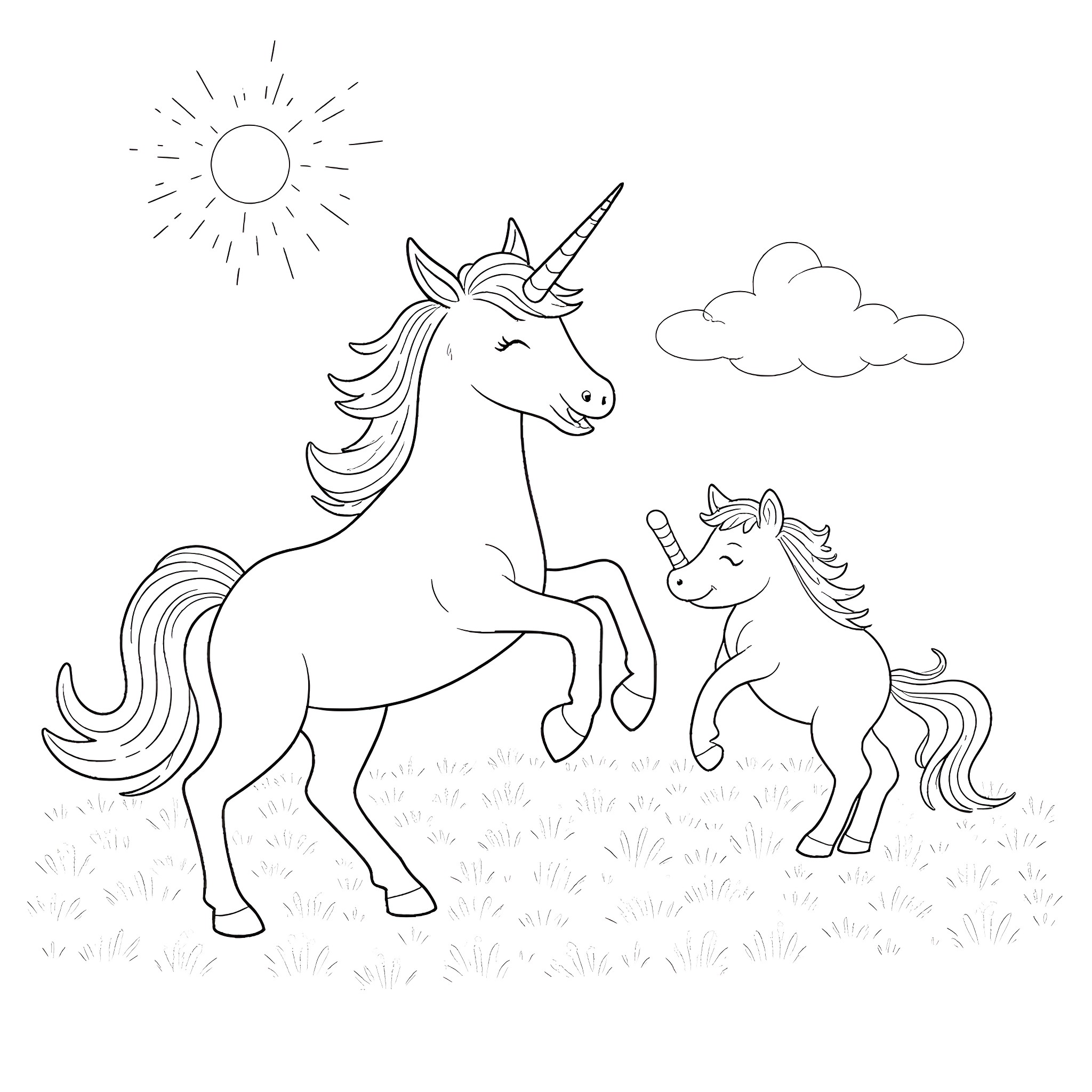 Unicorn and baby unicorn playing in the meadow Coloring Page (free black-and-white line drawing printable PDF for all, from beginners to advanced learners, including children, teens, adults, and seniors)