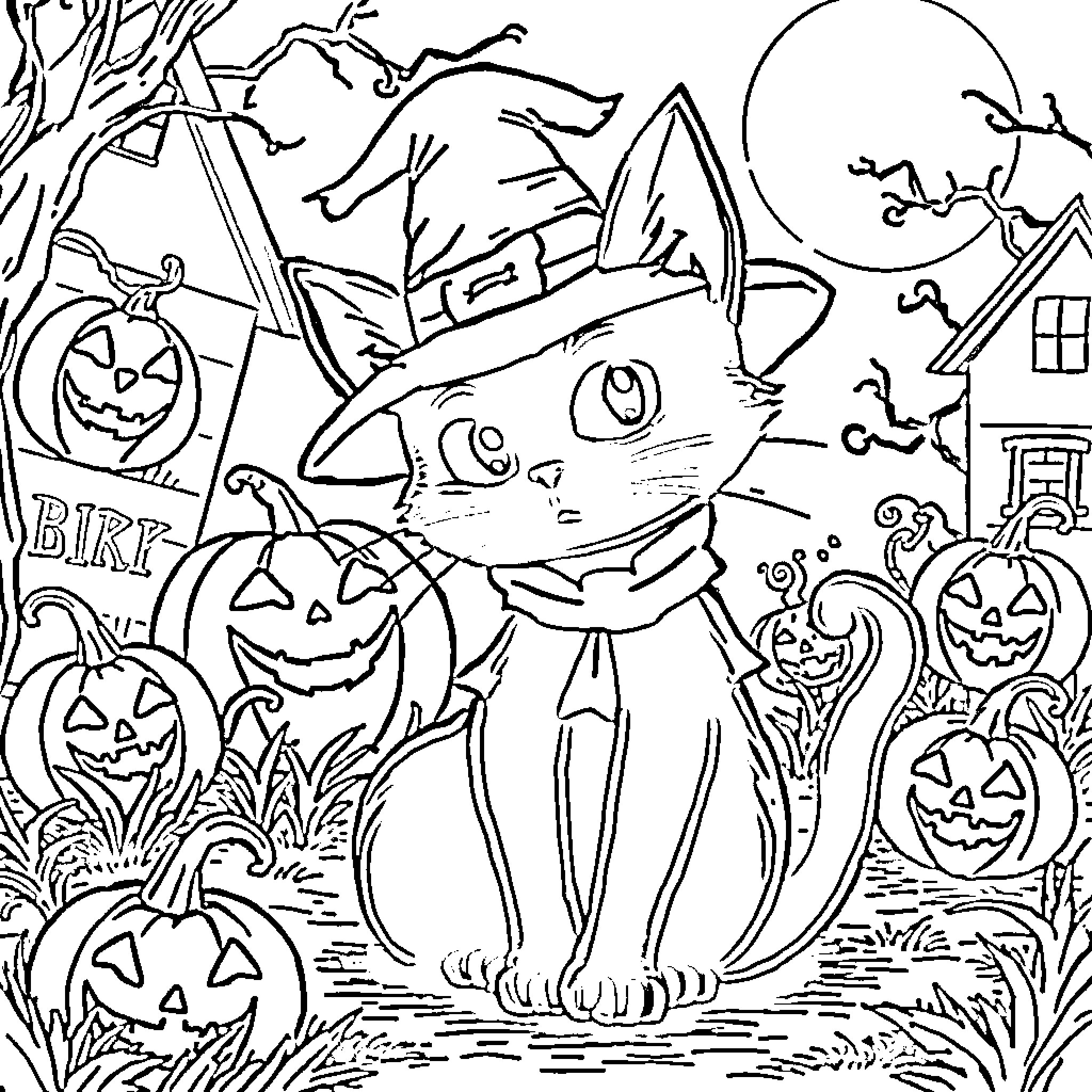 Cat in Halloween costume playing in spooky scene Coloring Page (free black-and-white line drawing printable PDF for all, from beginners to advanced learners, including children, teens, adults, and seniors)