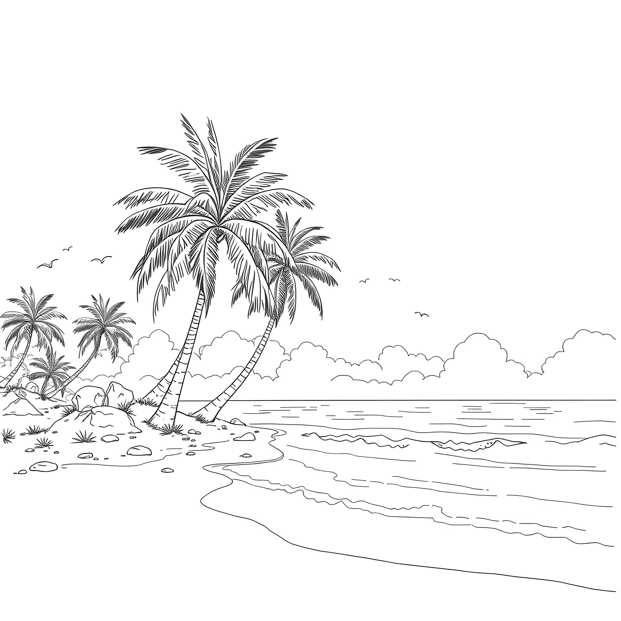 Tropical Island Beach Landscape with Palm Trees Coloring Page (free black-and-white line drawing printable PDF for all, from beginners to advanced learners, including children, teens, adults, and seniors)
