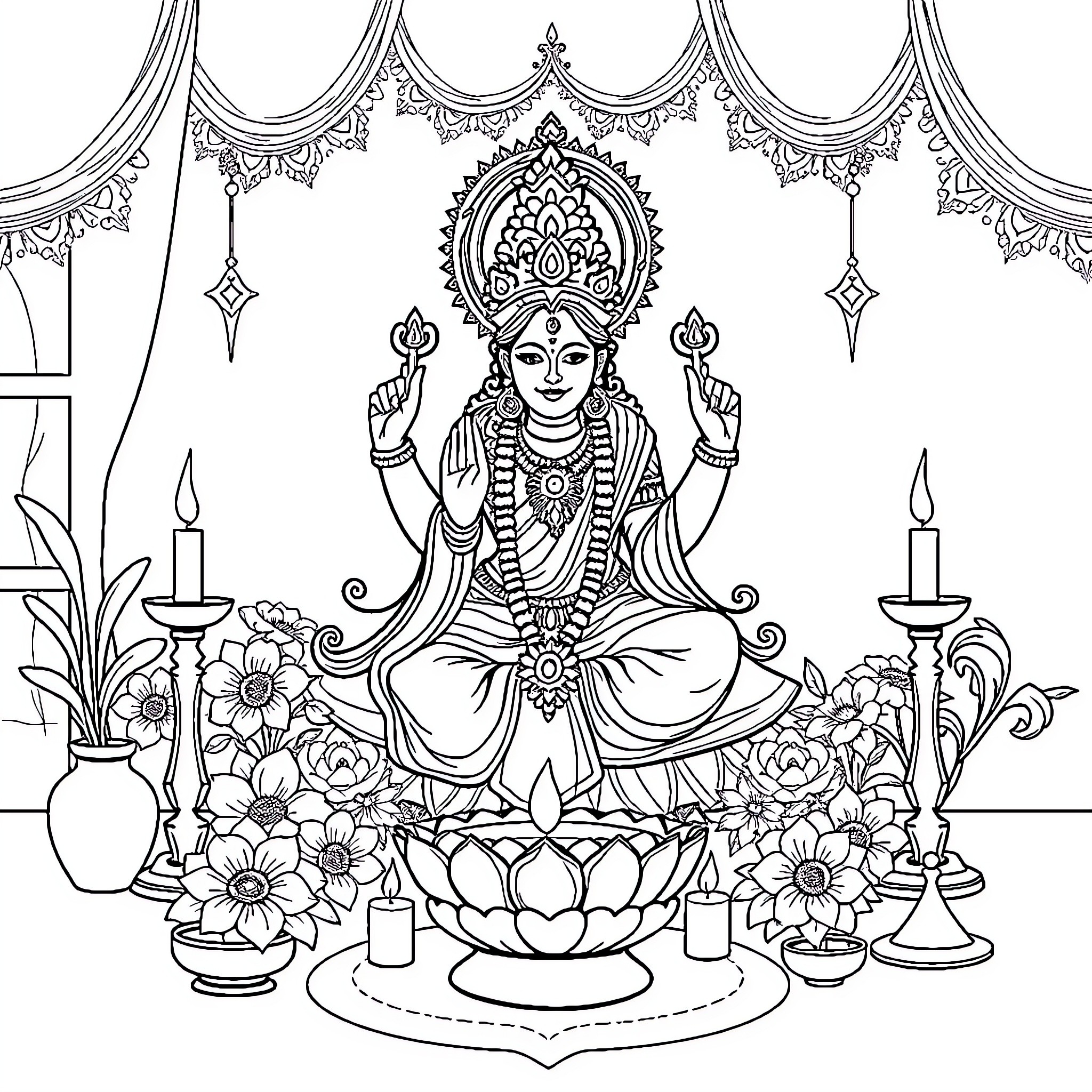 Goddess Lakshmi seated on a lotus surrounded by candles and flowers Coloring Page (free black-and-white line drawing printable PDF for all, from beginners to advanced learners, including children, teens, adults, and seniors)