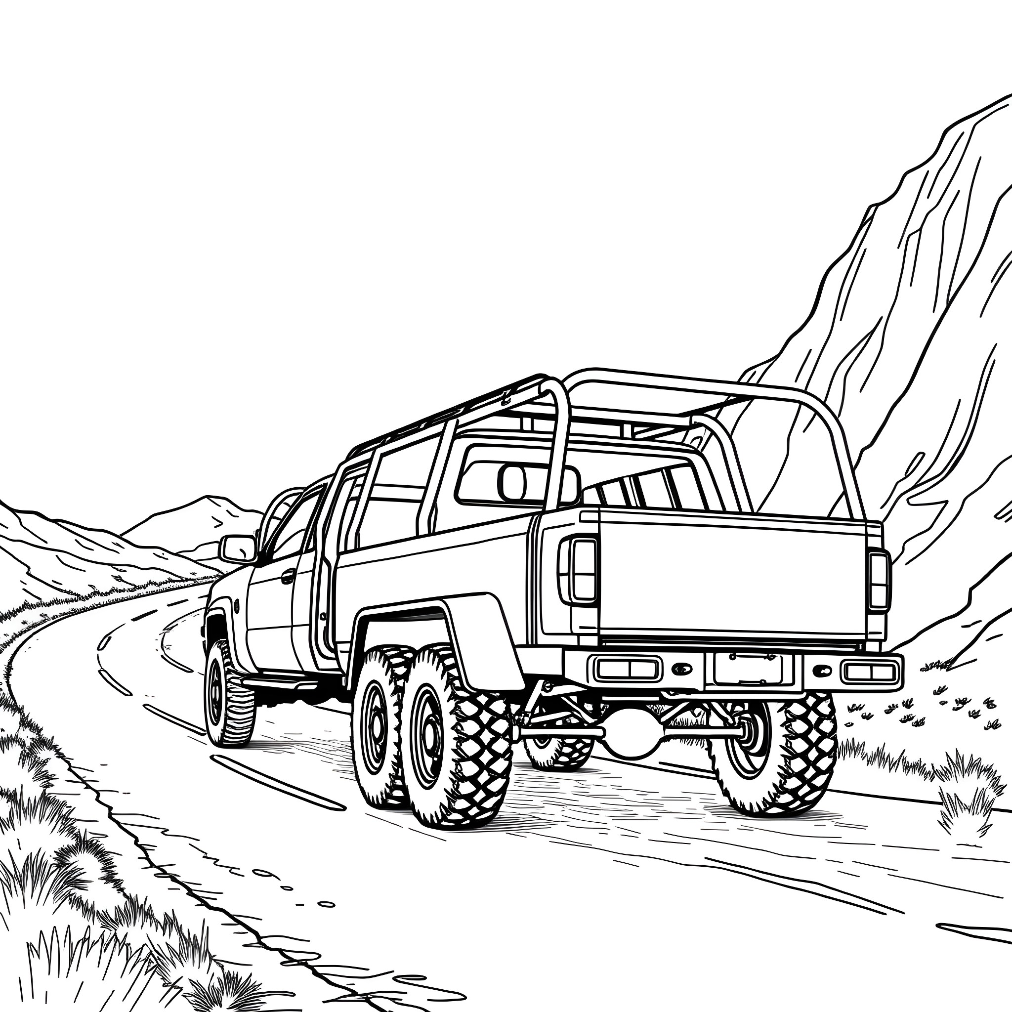 Car Trailer Navigating Rugged Terrain Coloring Page (free black-and-white line drawing printable PDF for all, from beginners to advanced learners, including children, teens, adults, and seniors)