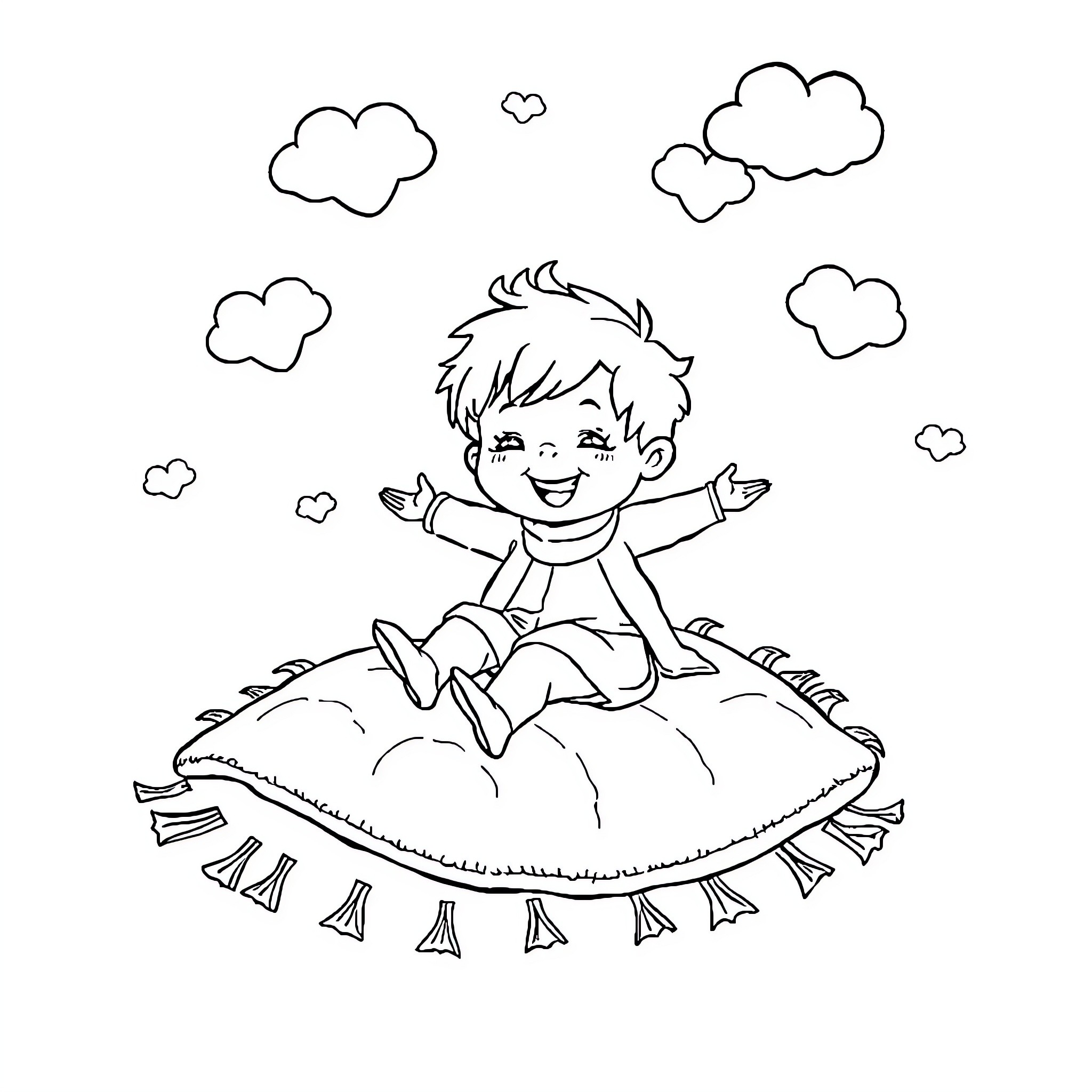 Toddler enjoying a magical cloud ride Coloring Page (free black-and-white line drawing printable PDF for all, from beginners to advanced learners, including children, teens, adults, and seniors)