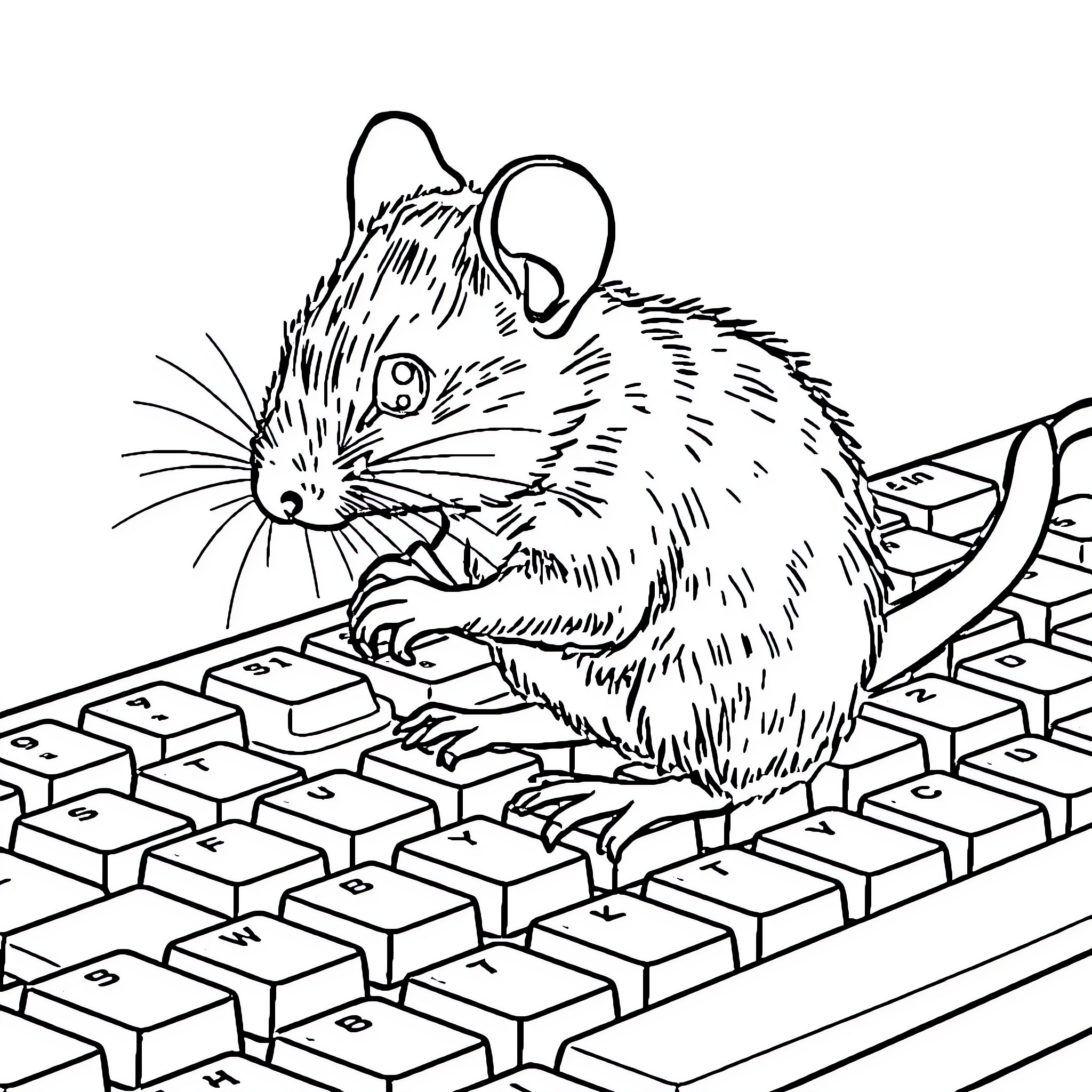 Mouse typing intently on a keyboard Coloring Page (free black-and-white line drawing printable PDF for all, from beginners to advanced learners, including children, teens, adults, and seniors)