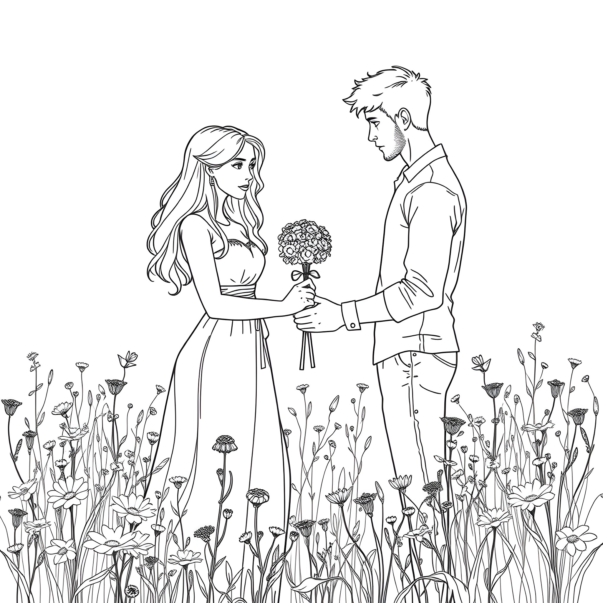 Sagittarius couple's romantic encounter among flowers Coloring Page (free black-and-white line drawing printable PDF for all, from beginners to advanced learners, including children, teens, adults, and seniors)