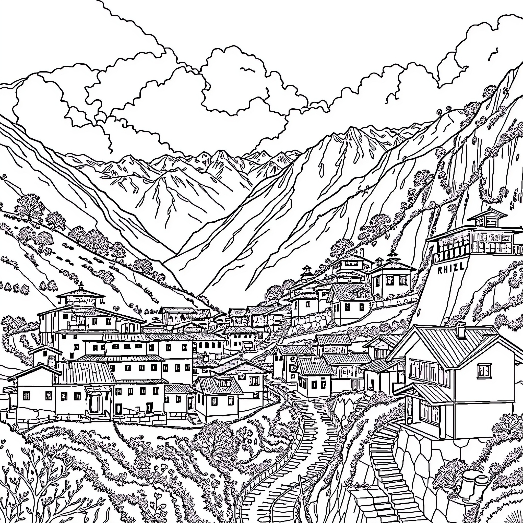 Village nestled in mountainous landscape Coloring Page (free black-and-white line drawing printable PDF for all, from beginners to advanced learners, including children, teens, adults, and seniors)