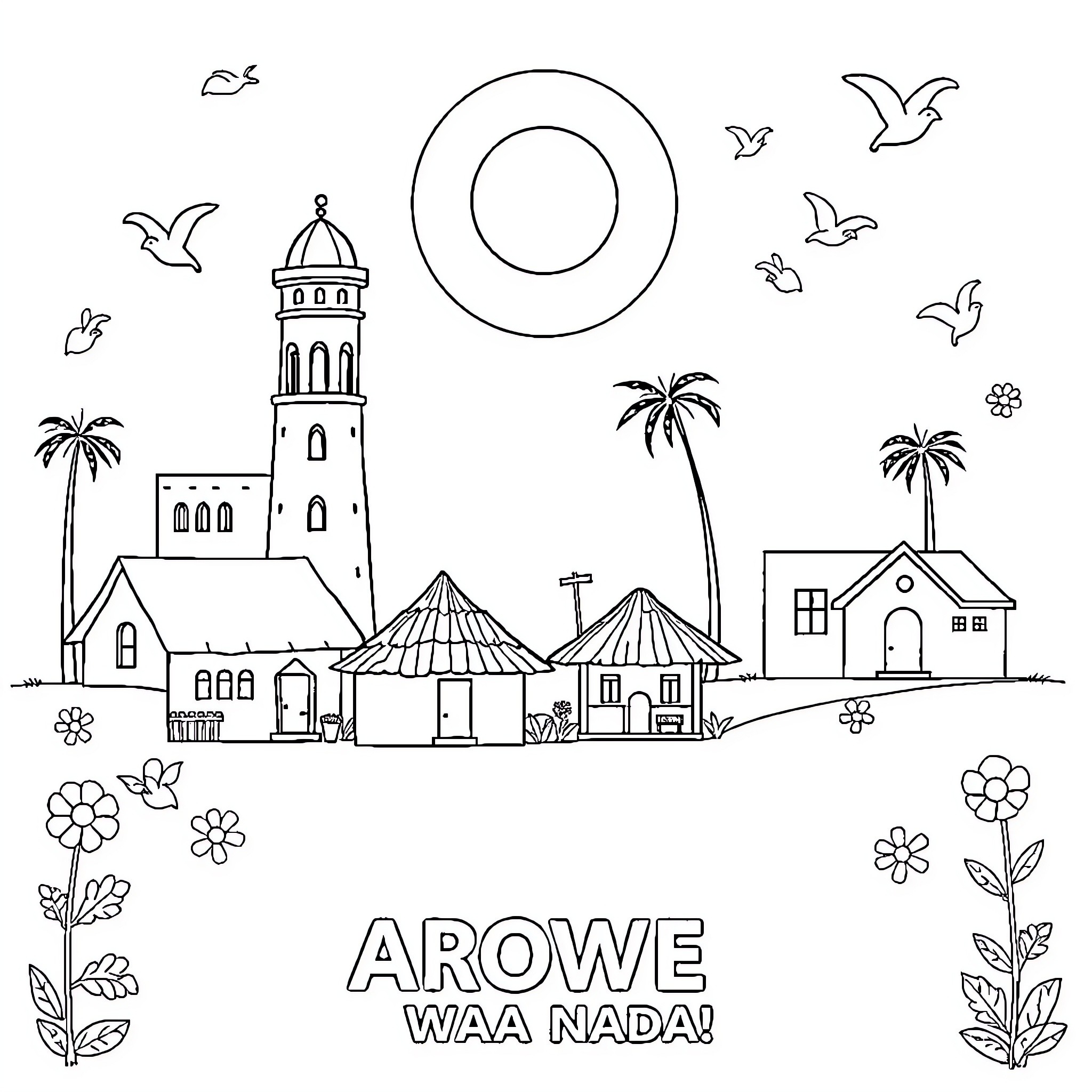 Home on the Beach with Palm Trees and Doves Coloring Page (free black-and-white line drawing printable PDF for all, from beginners to advanced learners, including children, teens, adults, and seniors)