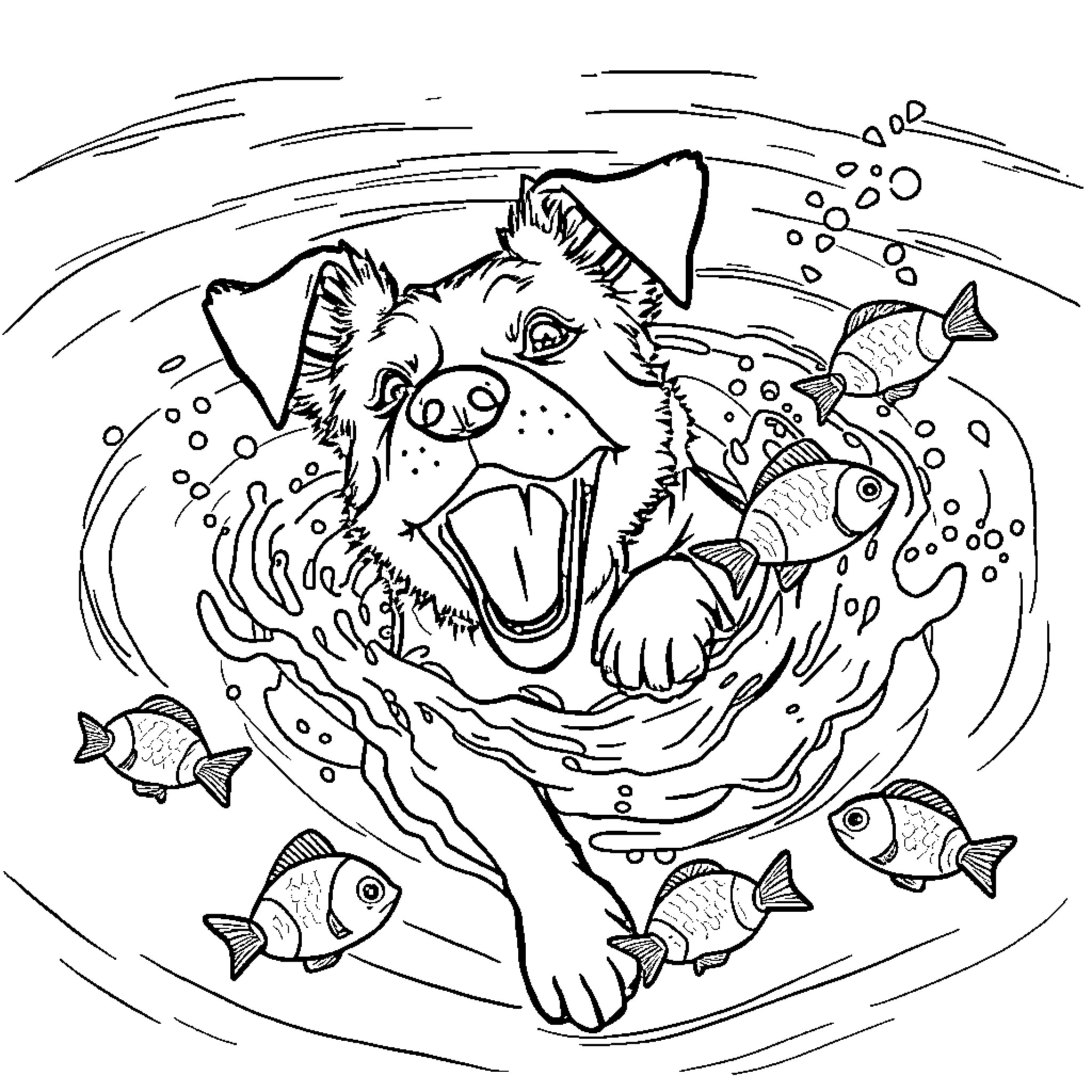 Dog swimming happily with fish in the water Coloring Page (free black-and-white line drawing printable PDF for all, from beginners to advanced learners, including children, teens, adults, and seniors)