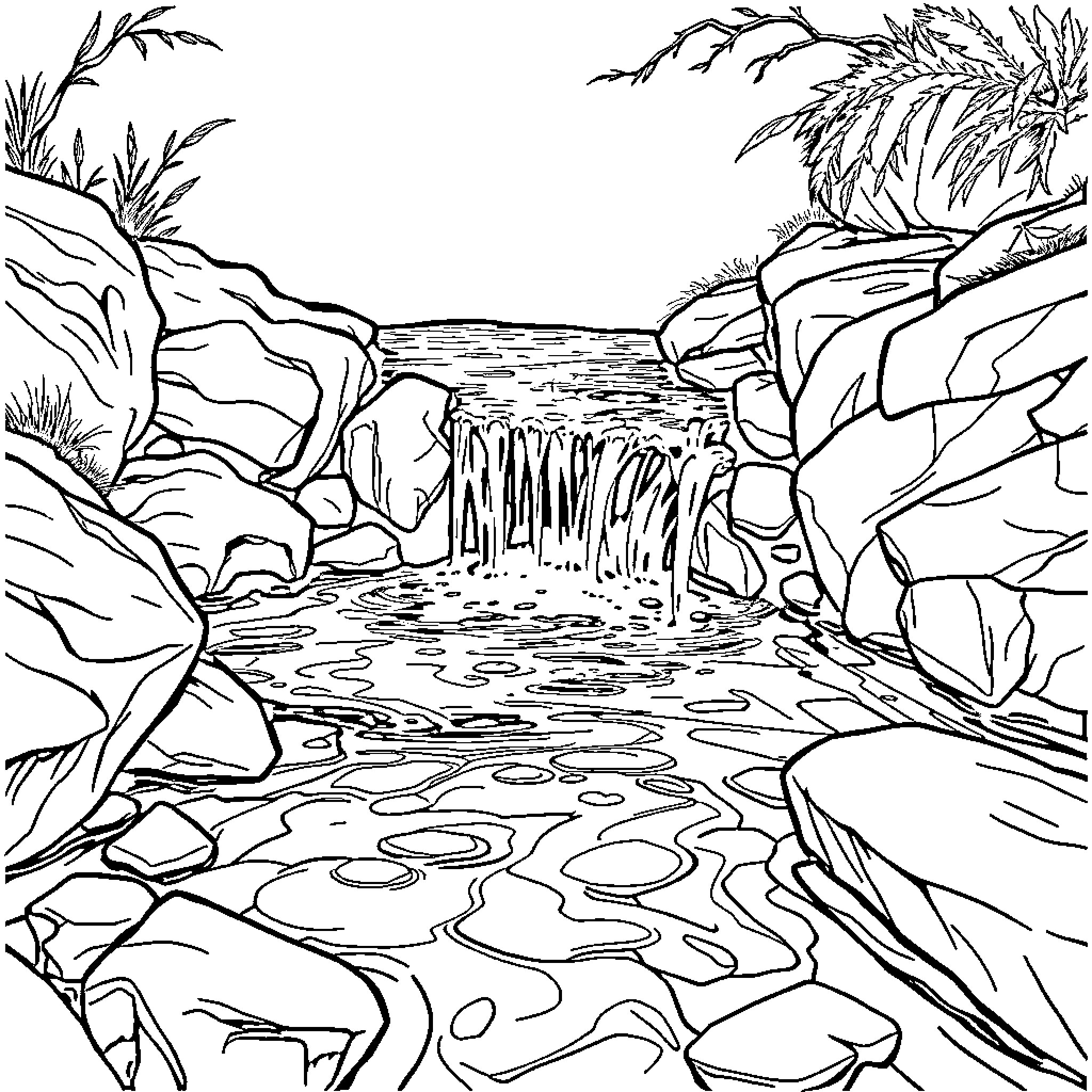 Water flowing over rocks in lush landscape Coloring Page (free black-and-white line drawing printable PDF for all, from beginners to advanced learners, including children, teens, adults, and seniors)