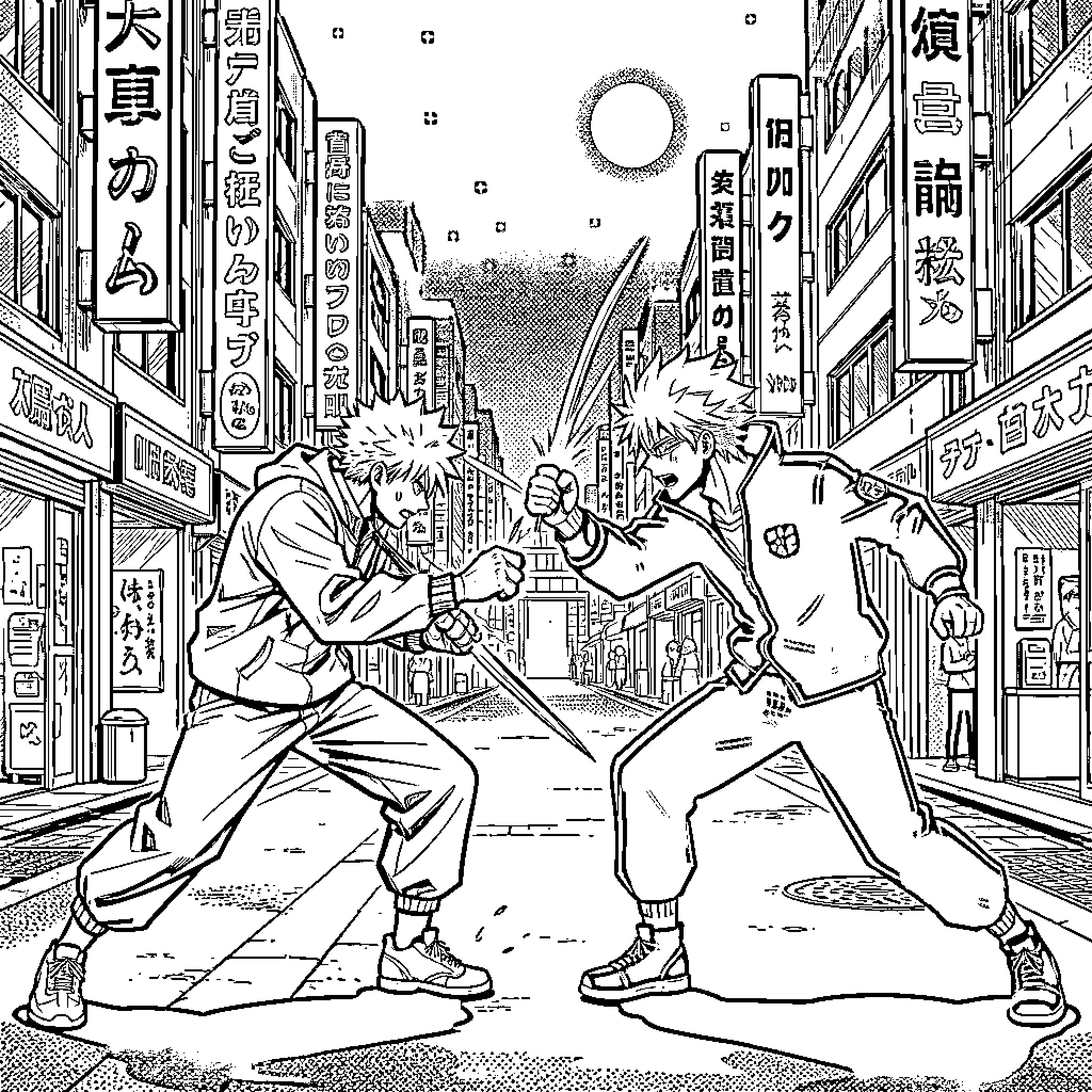 Satoru Gojo engaged in a combat battle on a street Coloring Page (free black-and-white line drawing printable PDF for all, from beginners to advanced learners, including children, teens, adults, and seniors)