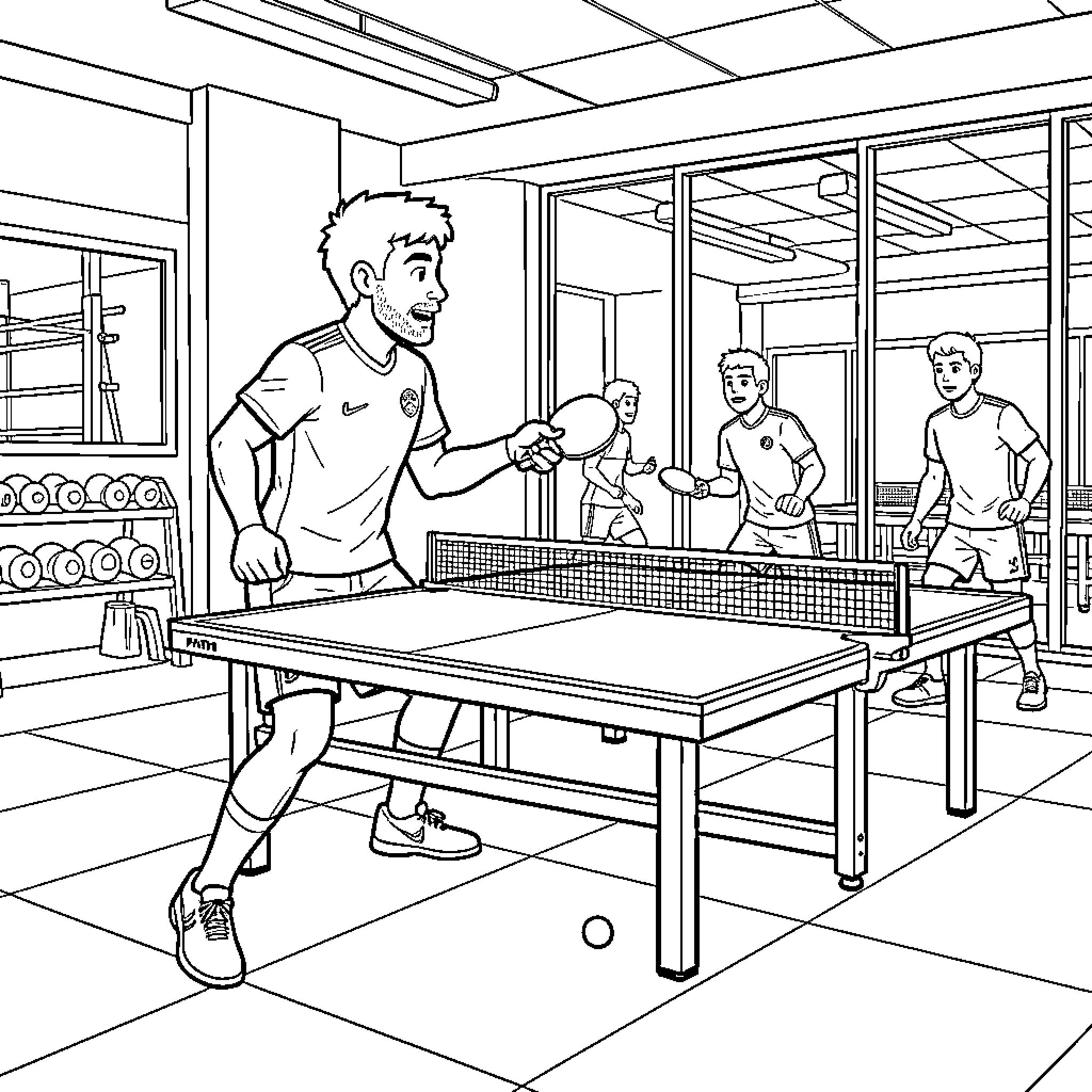 Joueur de Foot playing table tennis in a gym Coloring Page (free black-and-white line drawing printable PDF for all, from beginners to advanced learners, including children, teens, adults, and seniors)