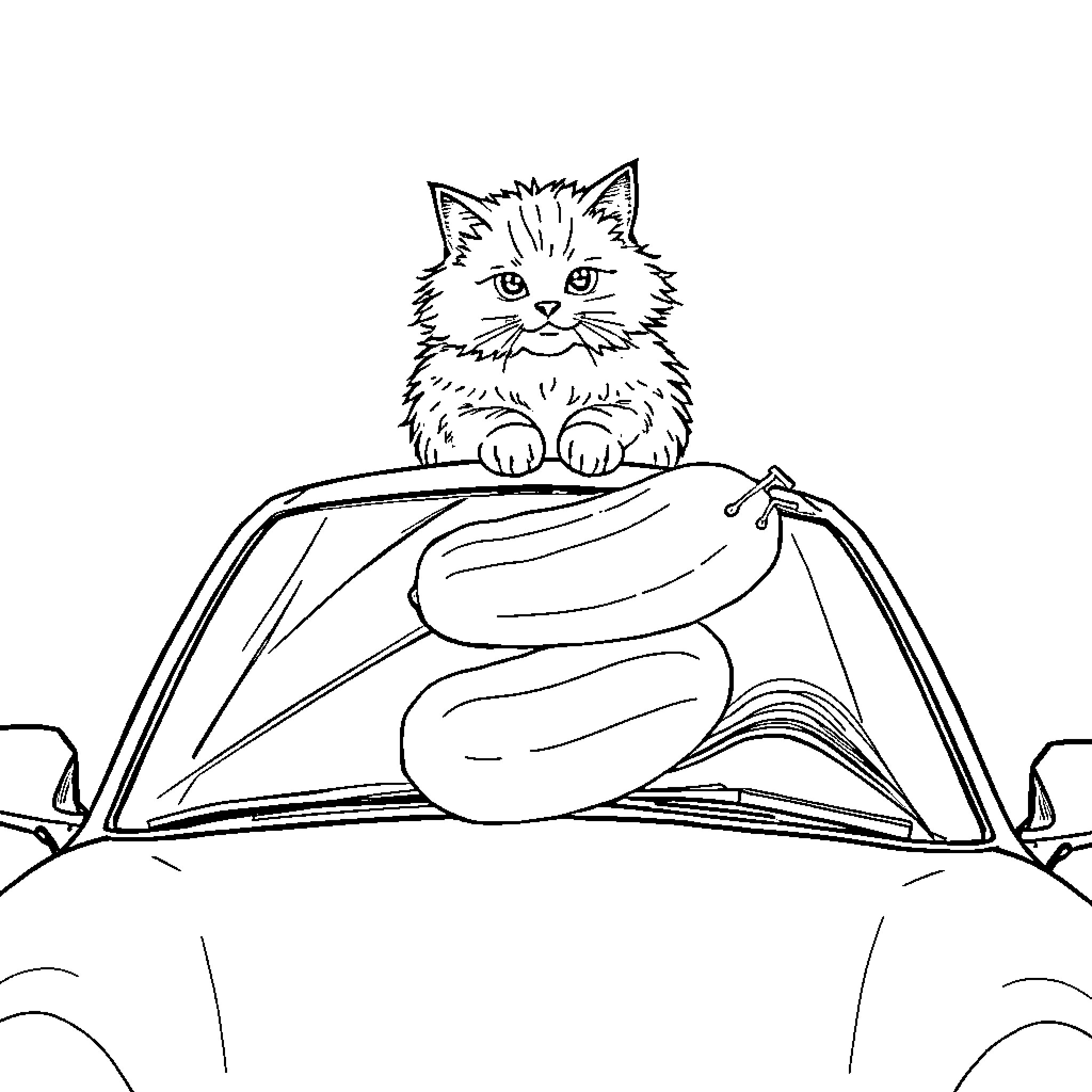 Cat peeking out from car window Coloring Page (free black-and-white line drawing printable PDF for all, from beginners to advanced learners, including children, teens, adults, and seniors)