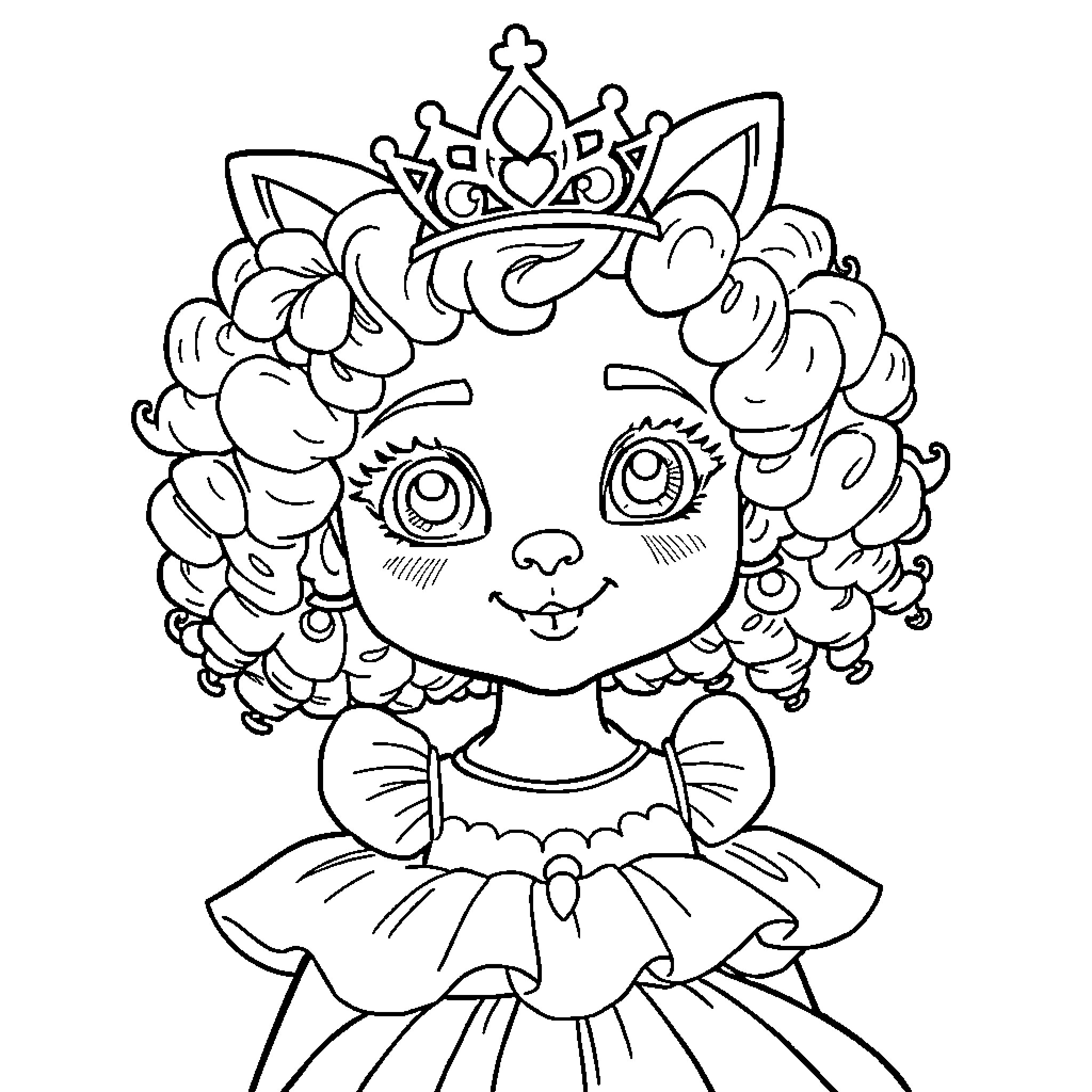 Princess Wearing Cute Dress and Crown Coloring Page (free black-and-white line drawing printable PDF for all, from beginners to advanced learners, including children, teens, adults, and seniors)