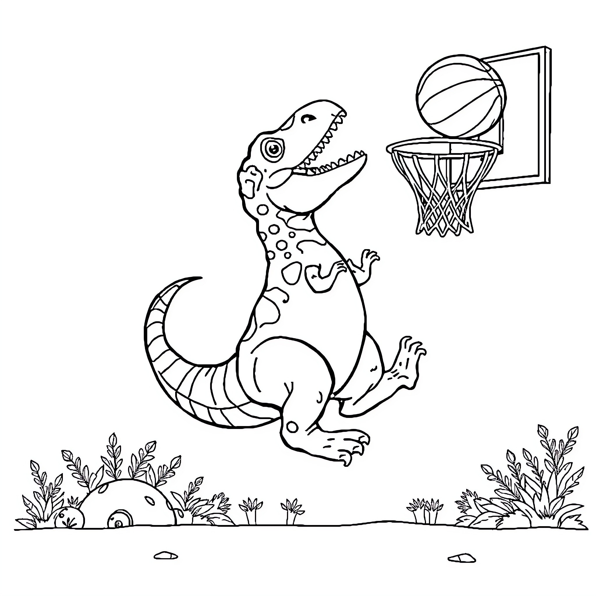Dinosaur playing basketball with a hoop Coloring Page (free black-and-white line drawing printable PDF for all, from beginners to advanced learners, including children, teens, adults, and seniors)