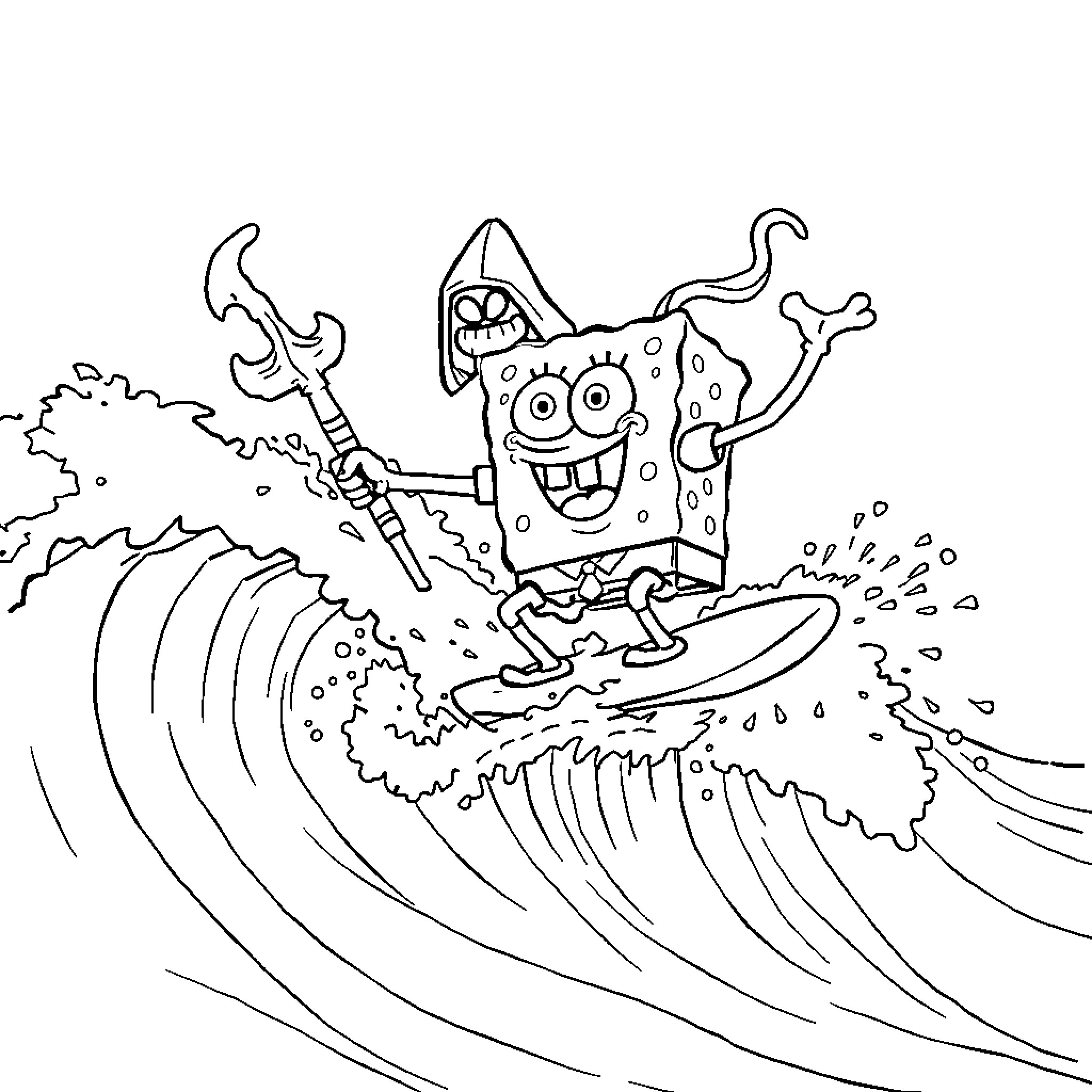 Sponge Bob surfing on big waves Coloring Page (free black-and-white line drawing printable PDF for all, from beginners to advanced learners, including children, teens, adults, and seniors)